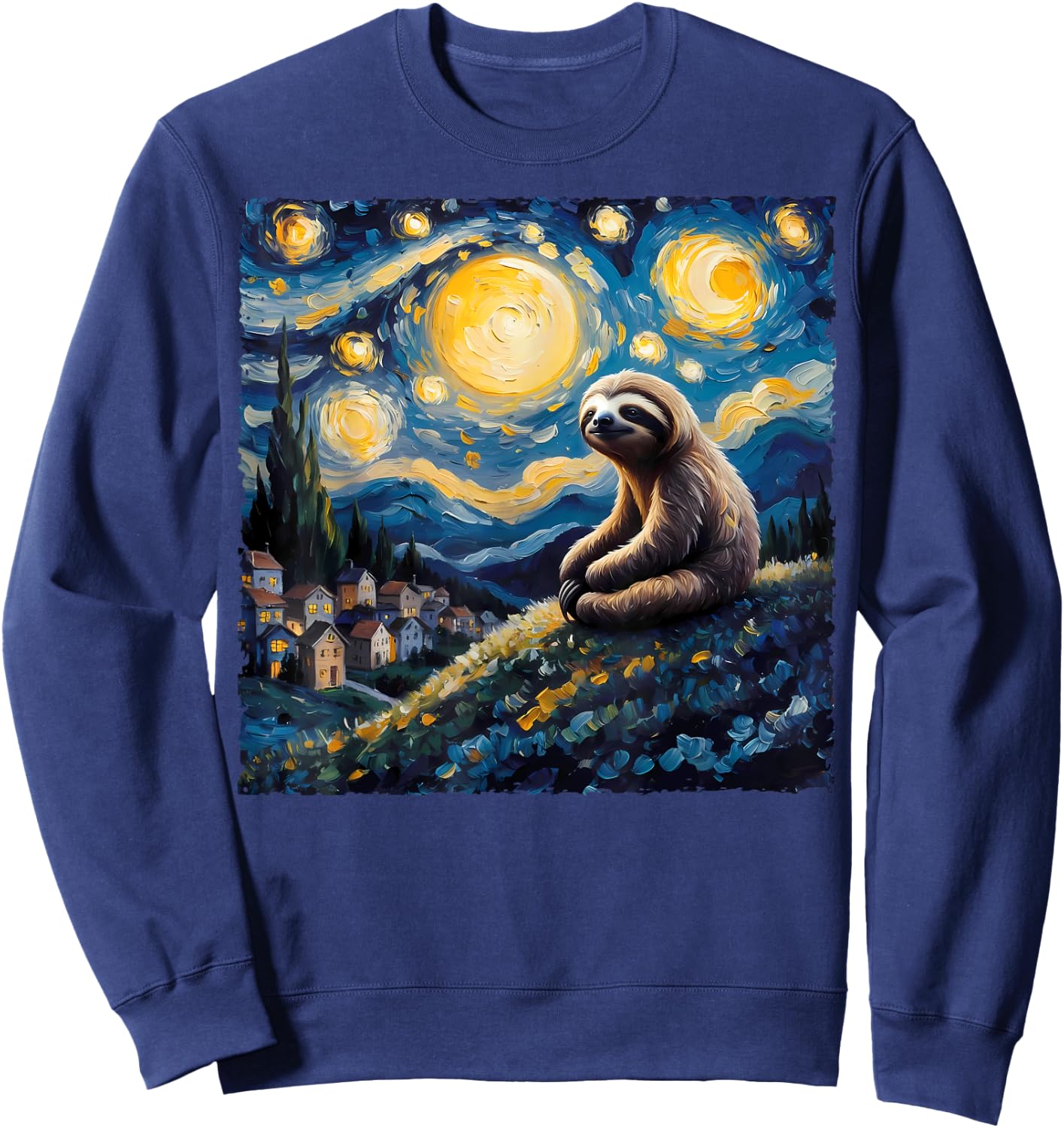 Van Gogh Style Funny Sloth Lover The Starry Night Painting Sweatshirt - Sweatshirt | Navy