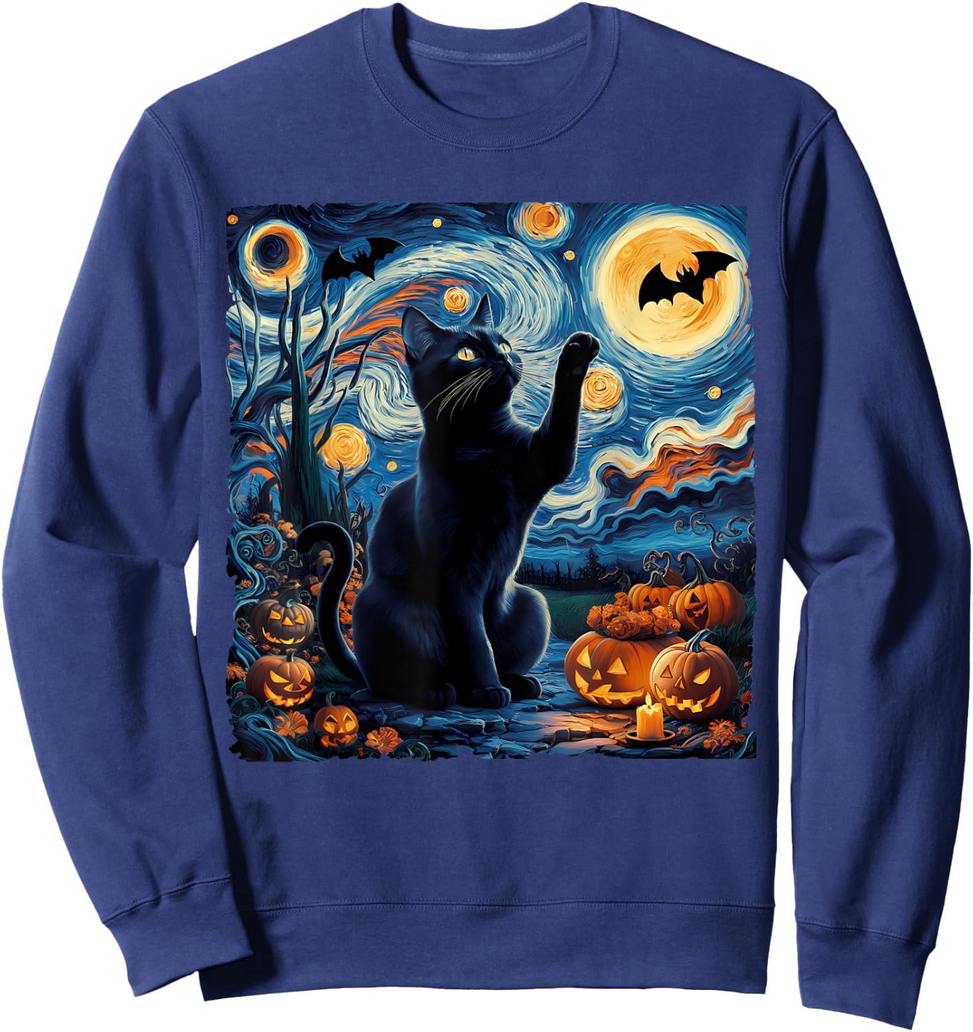 Halloween Van Gogh' Starry Night Black Cat Pumpkins Bats Women Kids Sweatshirt - Sweatshirt | Navy