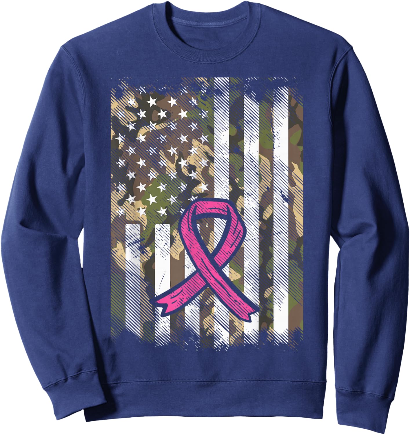 Camo Flag Pink Ribbon Breast Cancer Awareness Patriotic Sweatshirt - Sweatshirt | Navy