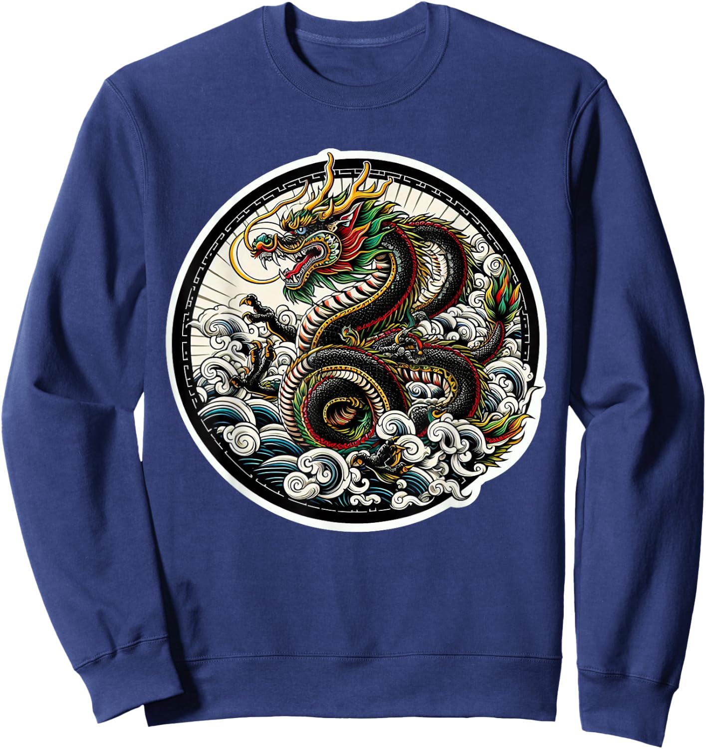 xDevery Asian Dragon Green Lucky Tattoo Design Colourful Vivid , Small, Black Sweatshirt - Sweatshirt | Navy