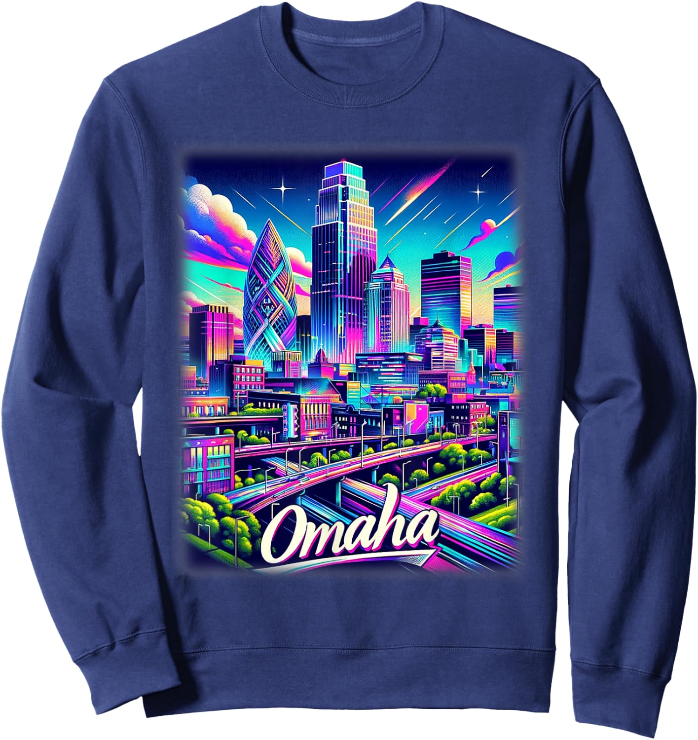 Omaha Nebraska Shirt Family Trip 80s 90s Retro City Skyline Sweatshirt - Sweatshirt | Navy