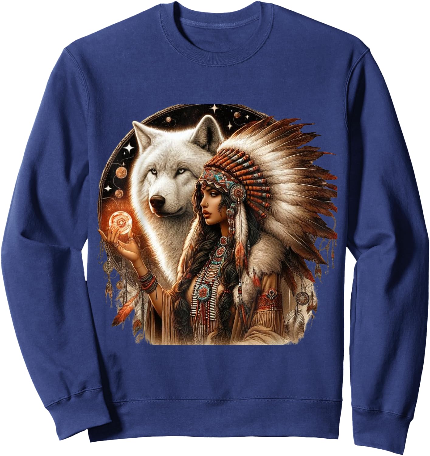 Indian Native American Woman With White Wolf Vitage Gifts Sweatshirt - Sweatshirt | Navy