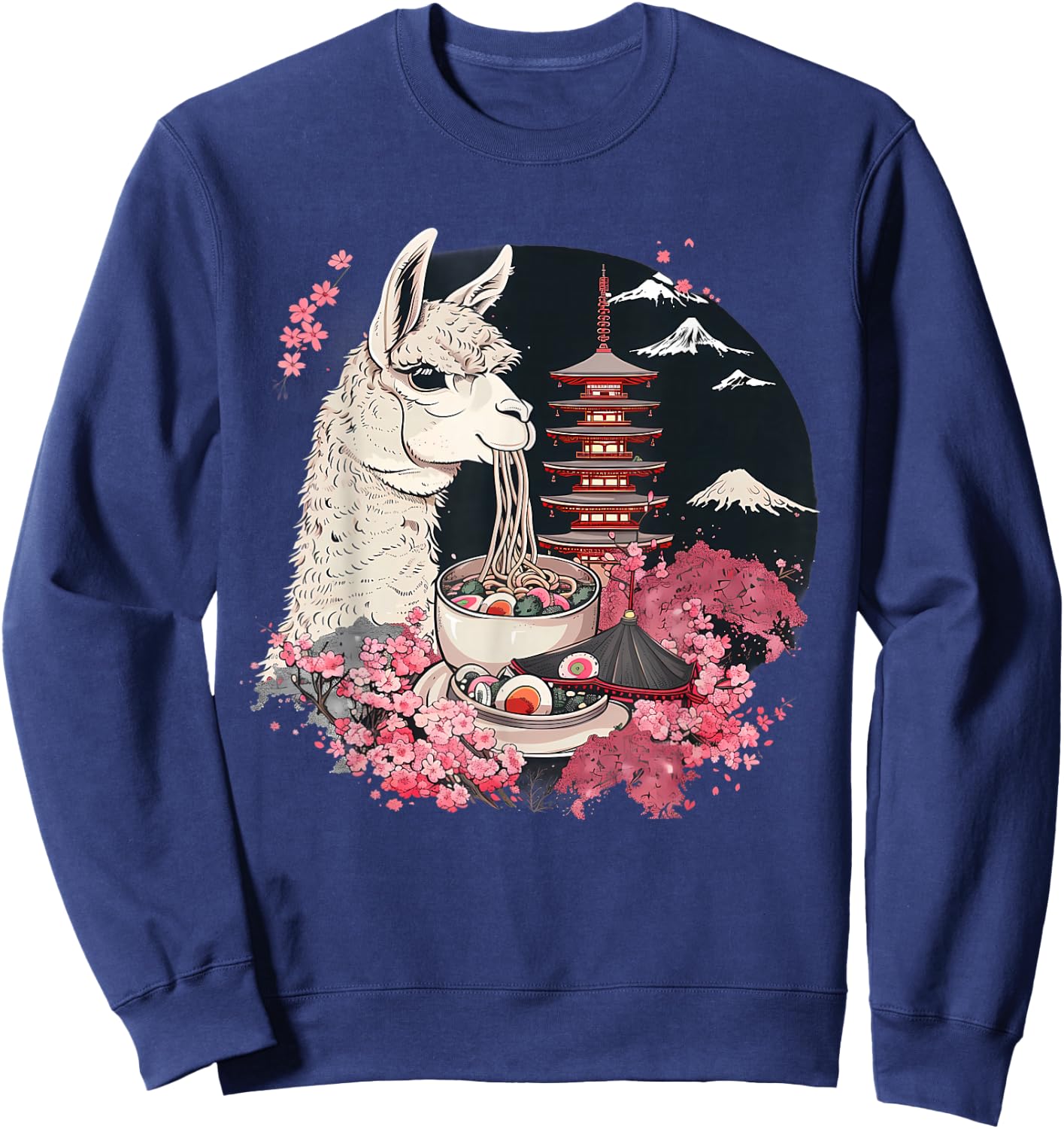 Llama Ramen Mount Fuji Sakura Pagoda Llamen Ramen Noodles Sweatshirt - Sweatshirt | Navy