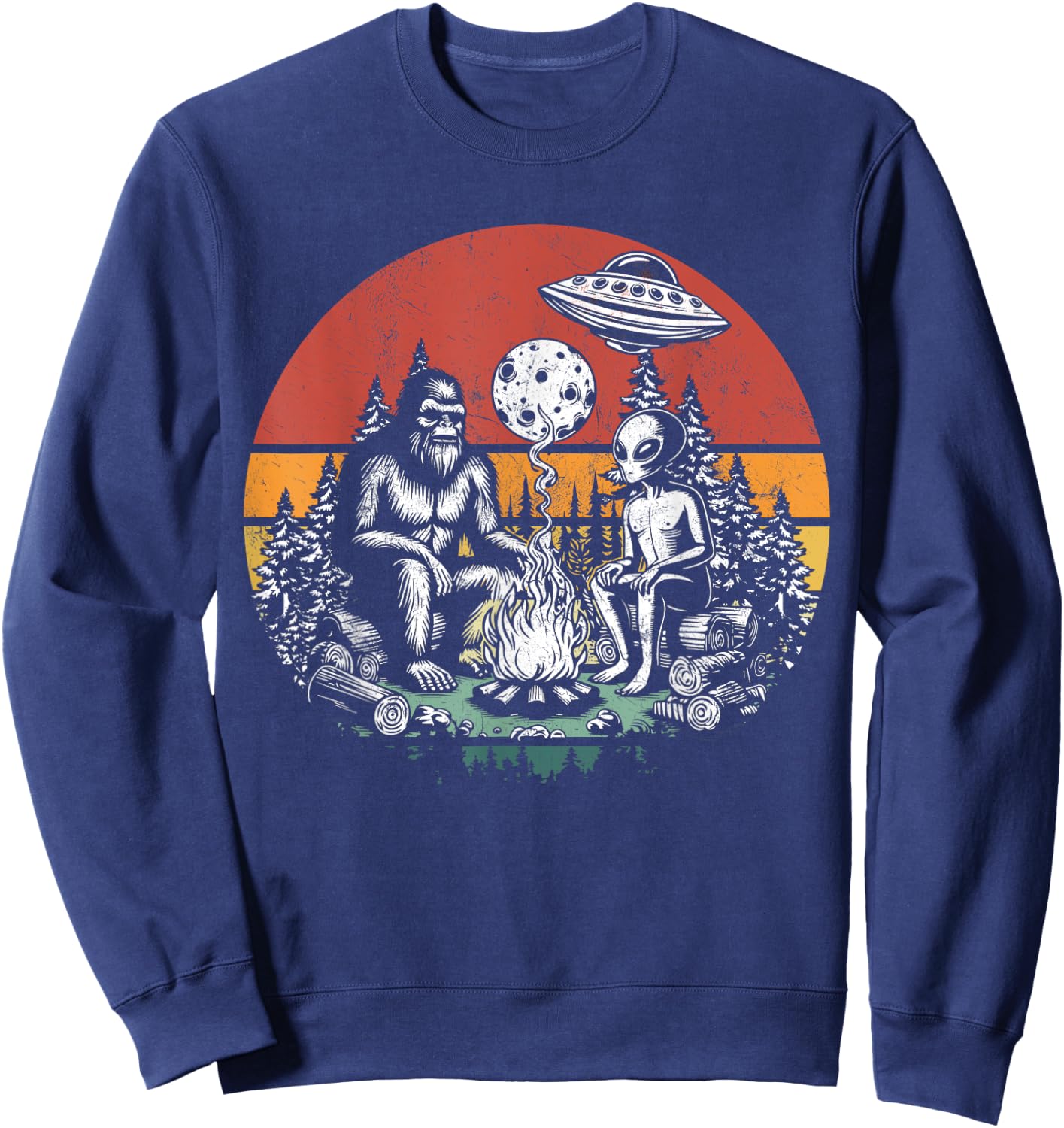 Outdoor Camping UFO Funny Retro Bigfoot And Alien Campfire Sweatshirt - Sweatshirt | Navy
