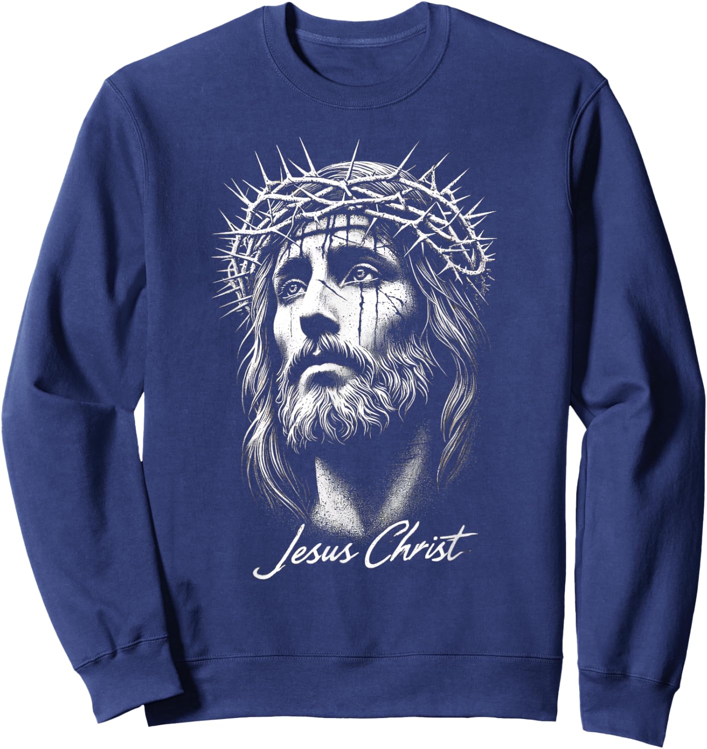 Jesus Christ in Crown of Thorns Distressed Sweatshirt - Sweatshirt | Navy