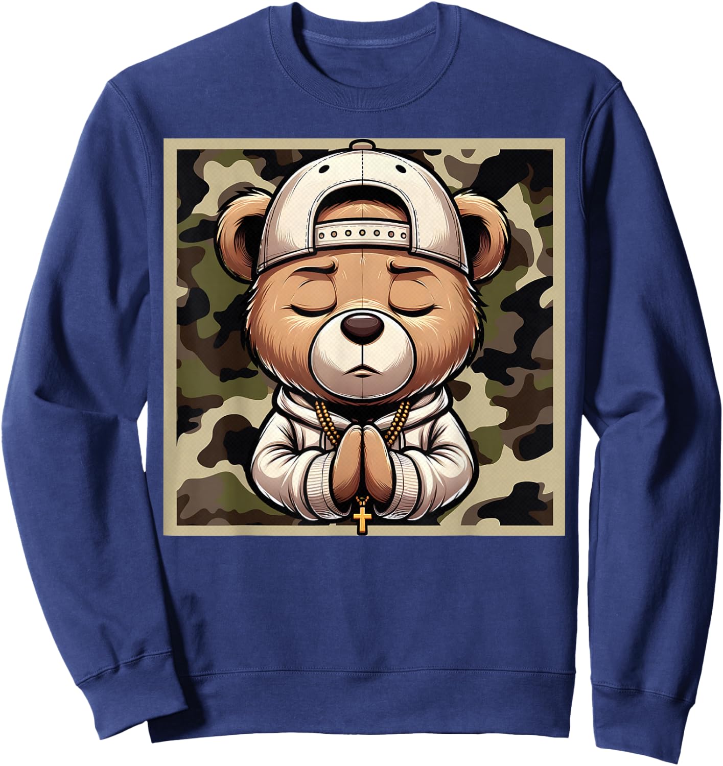 Camo Hip Hop Teddy Bear Praying Christian Streetwear Church Sweatshirt - Sweatshirt | Navy
