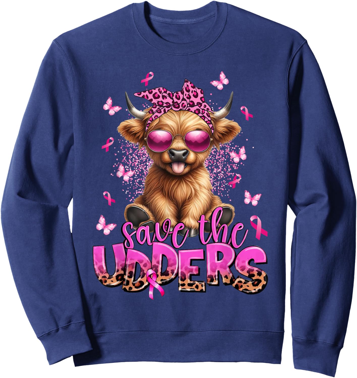 Save The Udders Breast Cancer Awareness Warrior Highland Cow Sweatshirt - Sweatshirt | Navy
