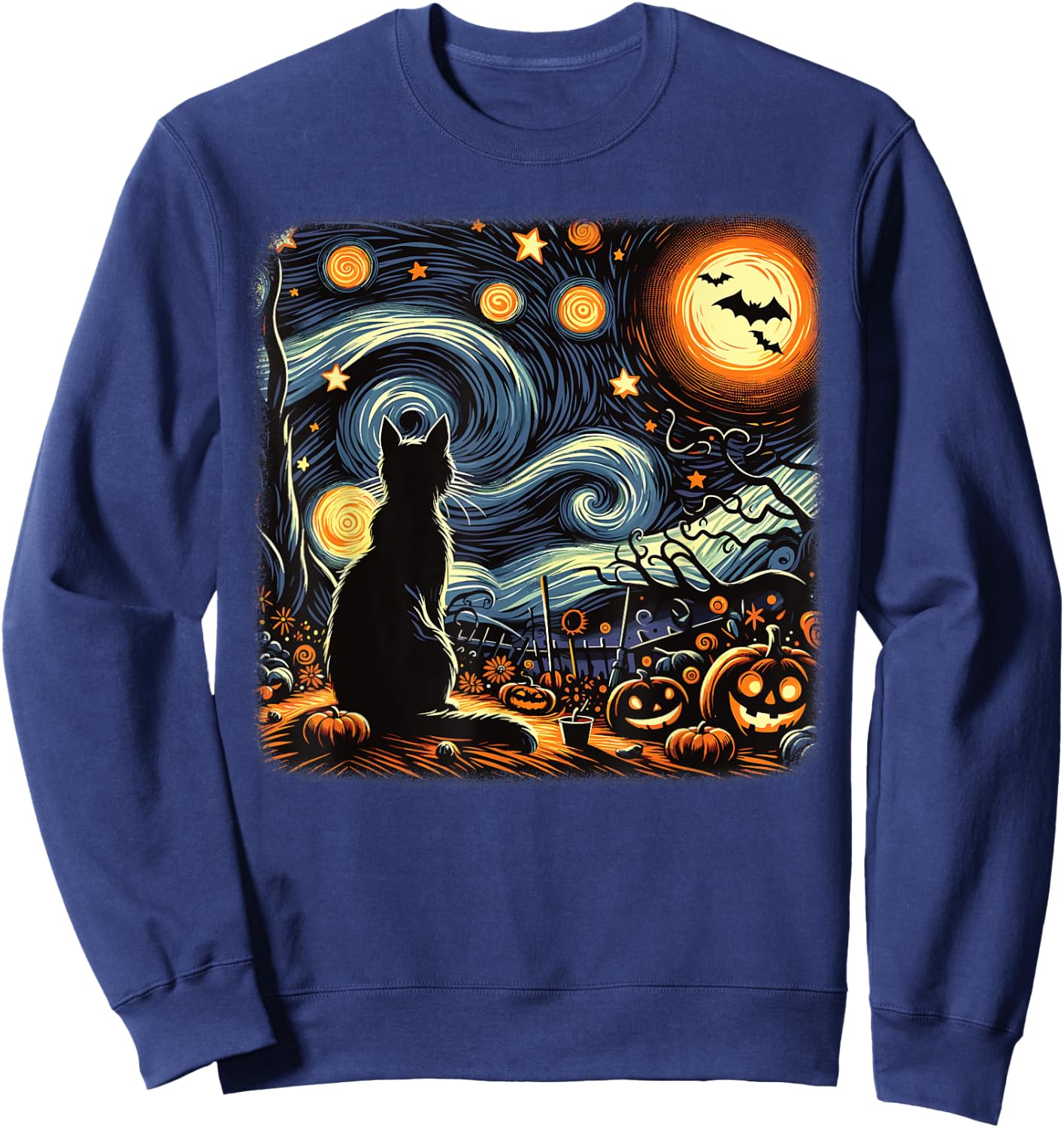 Halloween Black Cat Van Gogh Starry Night Cat Lovers Cat Sweatshirt - Sweatshirt | Navy