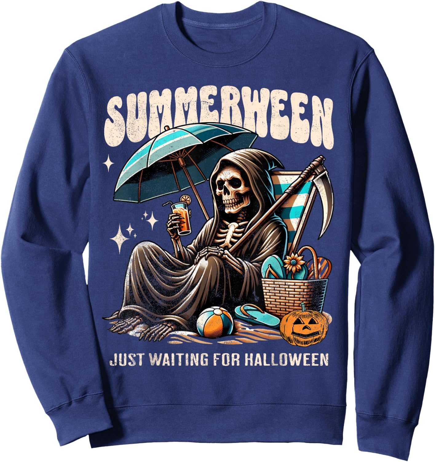 Summerween Grim Reaper Skeleton Summer Vibes Halloween Ghost Men Women Kids Sweatshirt - Sweatshirt | Navy