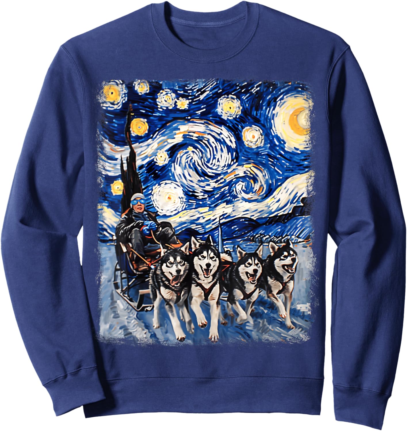 Mushing Sled Dog Siberian Husky Starry Night Painting Sweatshirt - Sweatshirt | Navy