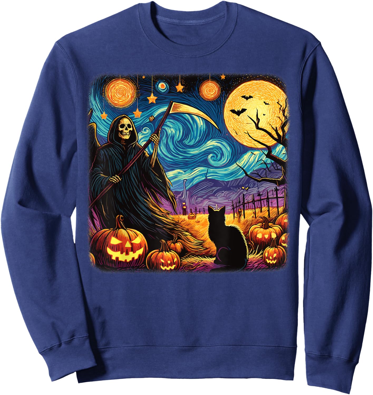 Halloween Van Gogh Starry Night Grim Reaper Pumpkins Cats Sweatshirt - Sweatshirt | Navy