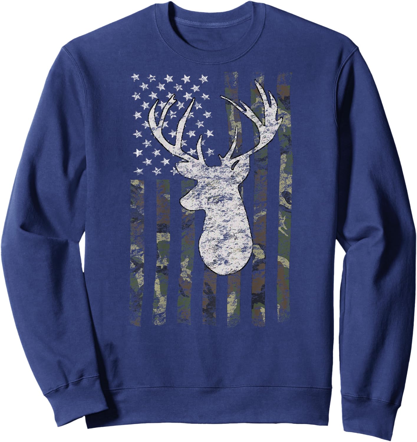 Deer Hunting American Flag Camo Buck Silhouette (on Back) Kids Men Sweatshirt - Sweatshirt | Navy