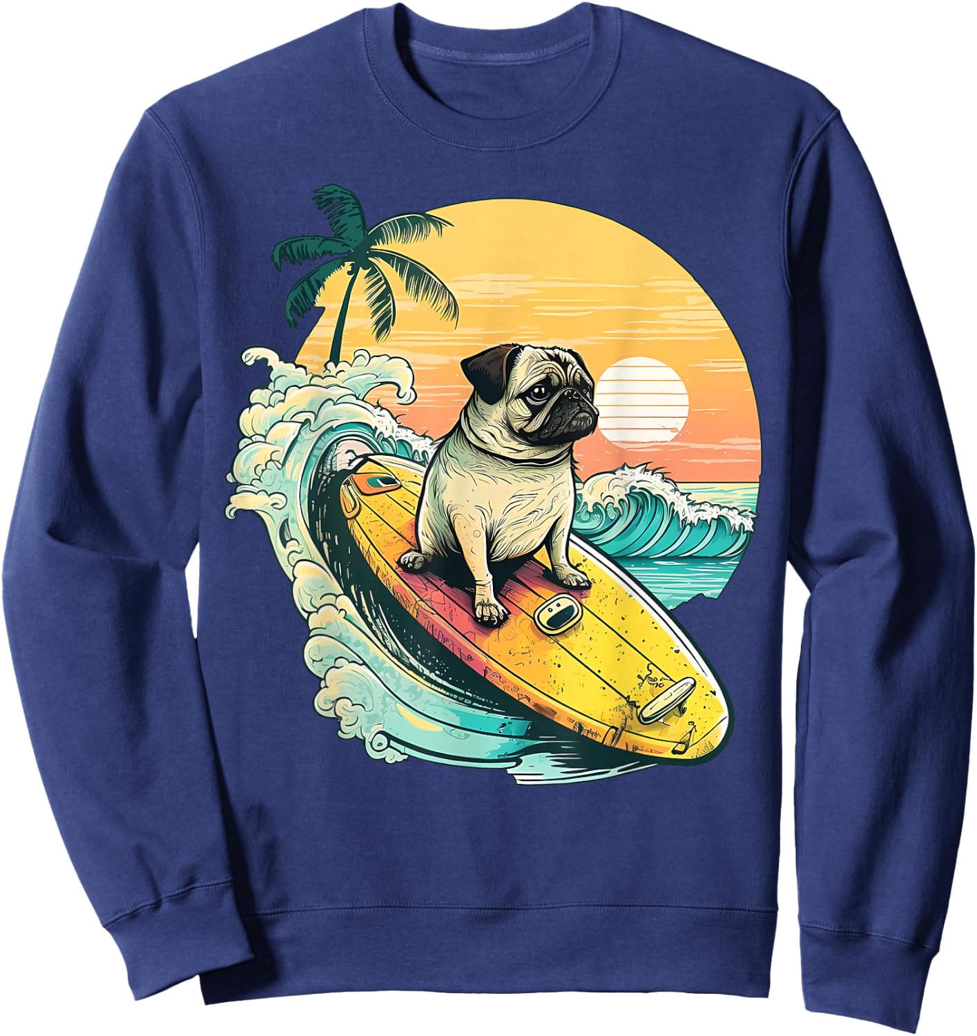 Funny Surfing Pug On Beach Pet Lover Vacation Summer Sweatshirt - Sweatshirt | Navy