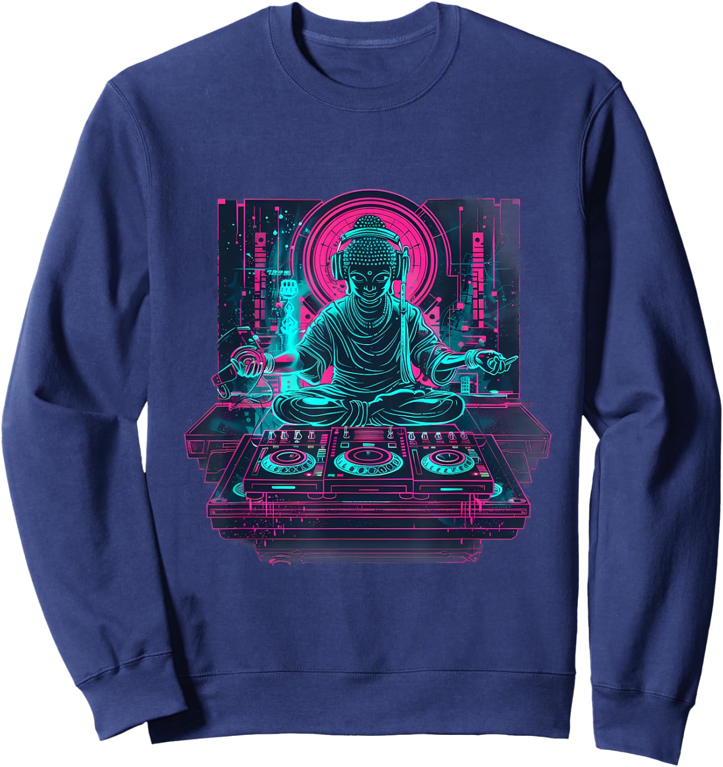 Buddha DJ House Meditation Buddhism Turntable DJ Buddha Sweatshirt - Sweatshirt | Navy