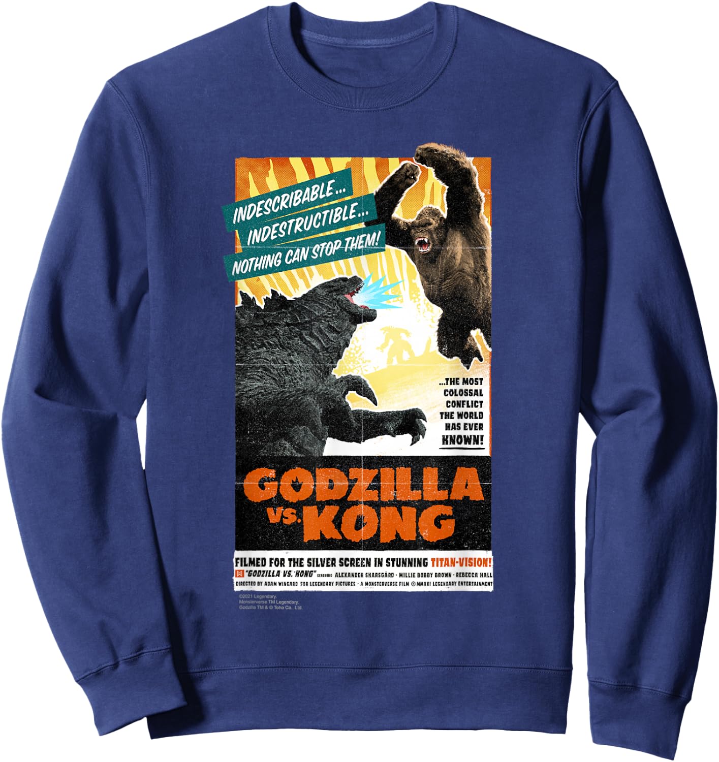 Monsterverse Godzilla vs Kong - Titan-Vision Retro Poster Adults Kids Black Short Sleeve Sweatshirt - Sweatshirt | Navy