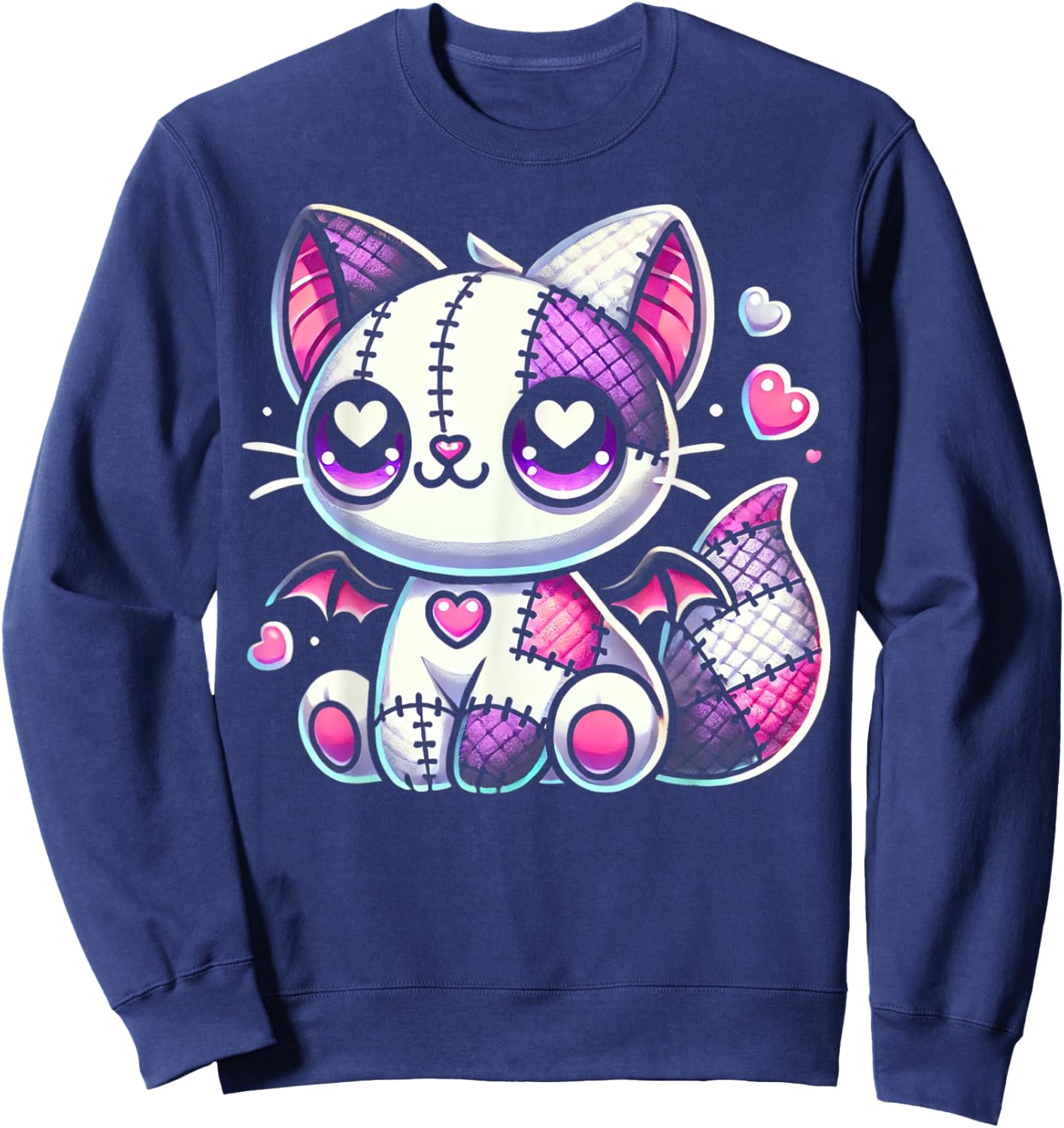 Kawaii Pastel Goth Creepy and Witchy Zombie Patchwork Cat Sweatshirt - Sweatshirt | Navy