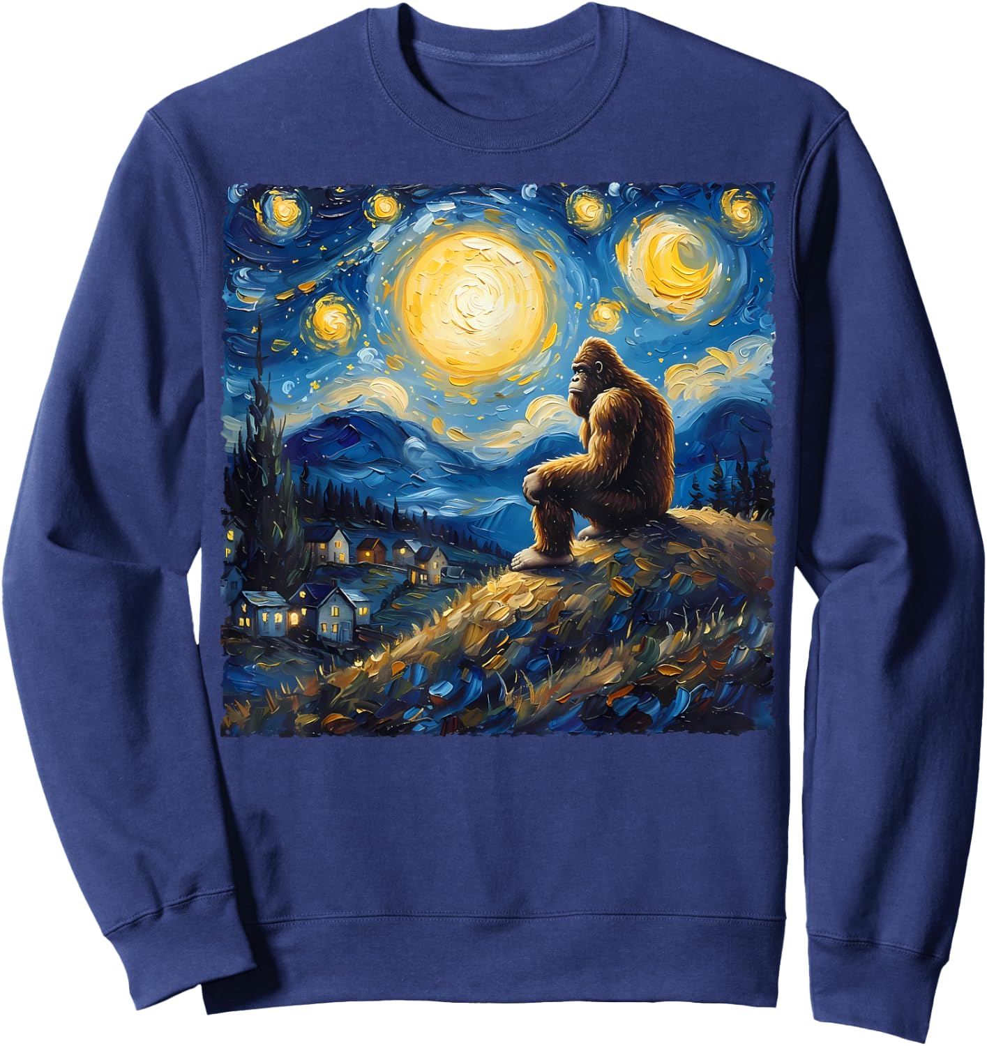 Van Gogh Style Funny Bigfoot Lover Starry Night Painting Sweatshirt - Sweatshirt | Navy