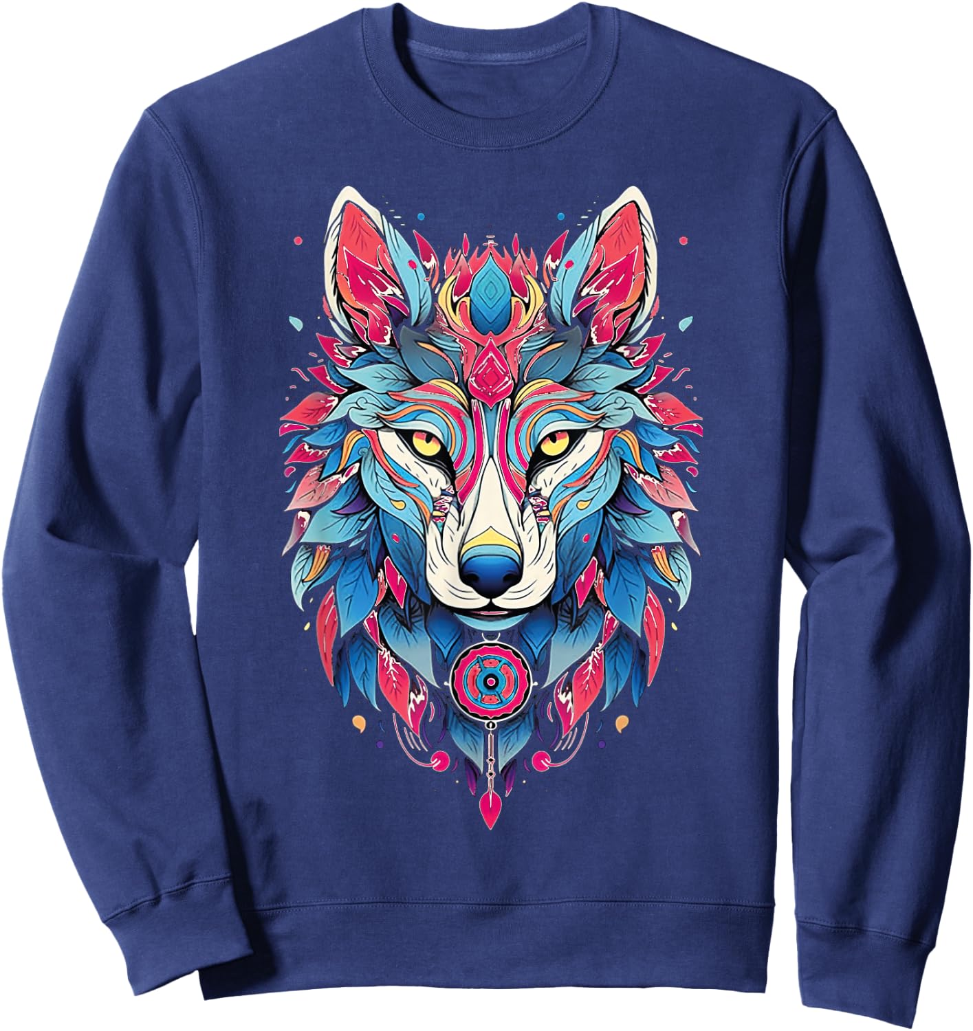 Native American Boho Wolf Splash Art Animal Face Wolf Sweatshirt - Sweatshirt | Navy