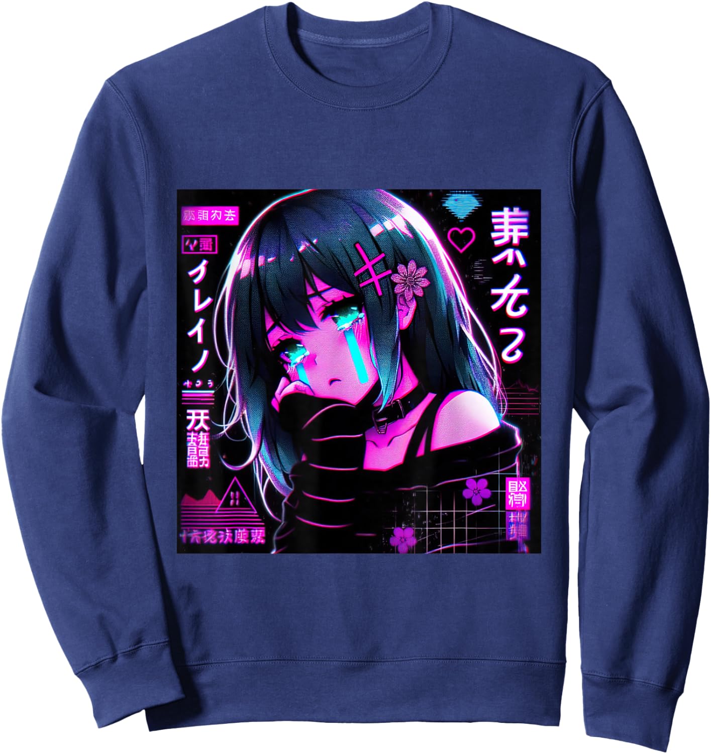 Vaporwave Anime Girl Japanese Aesthetic Anime Otaku Sweatshirt - Sweatshirt | Navy