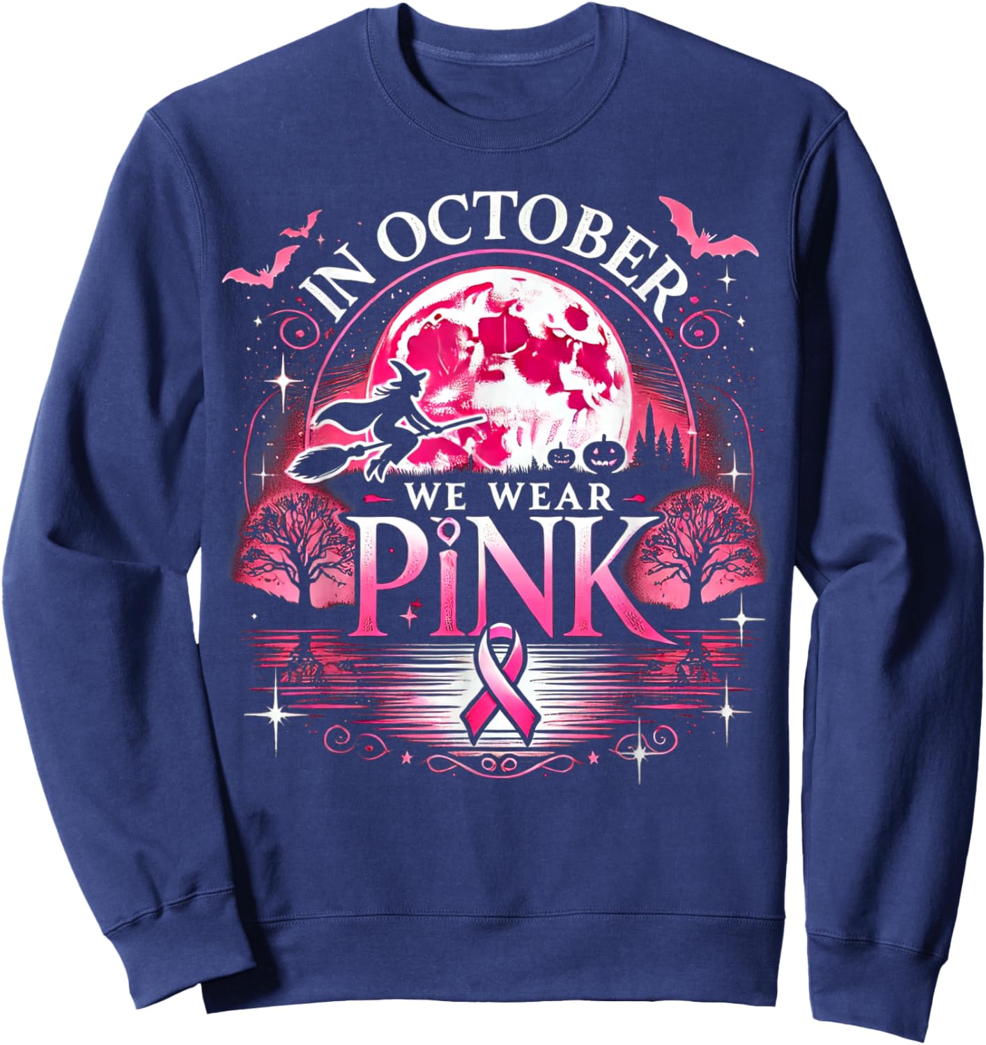 October We Wear Pink Witch Halloween Moon Sweatshirt - Sweatshirt | Navy