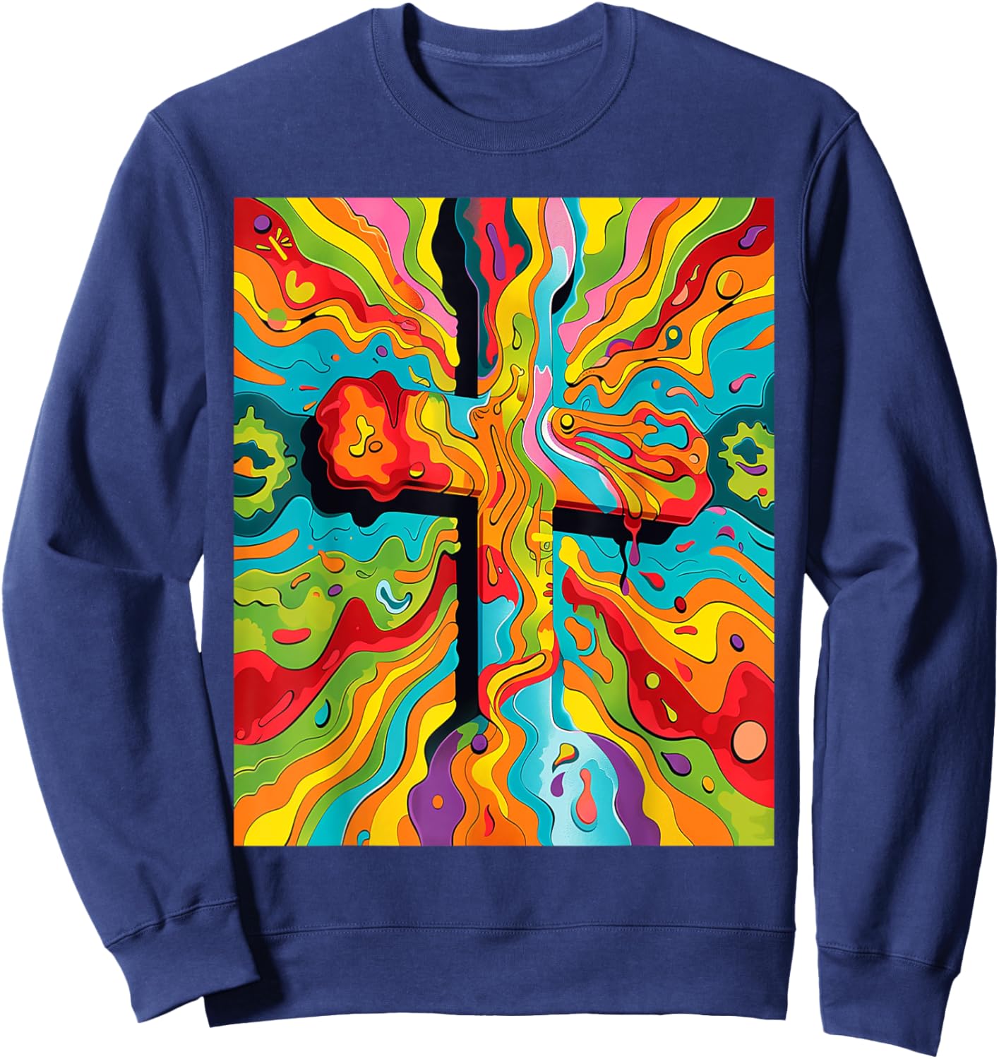Colorful Vibrant Psychedelic Powerful Religious Cross Art Sweatshirt - Sweatshirt | Navy