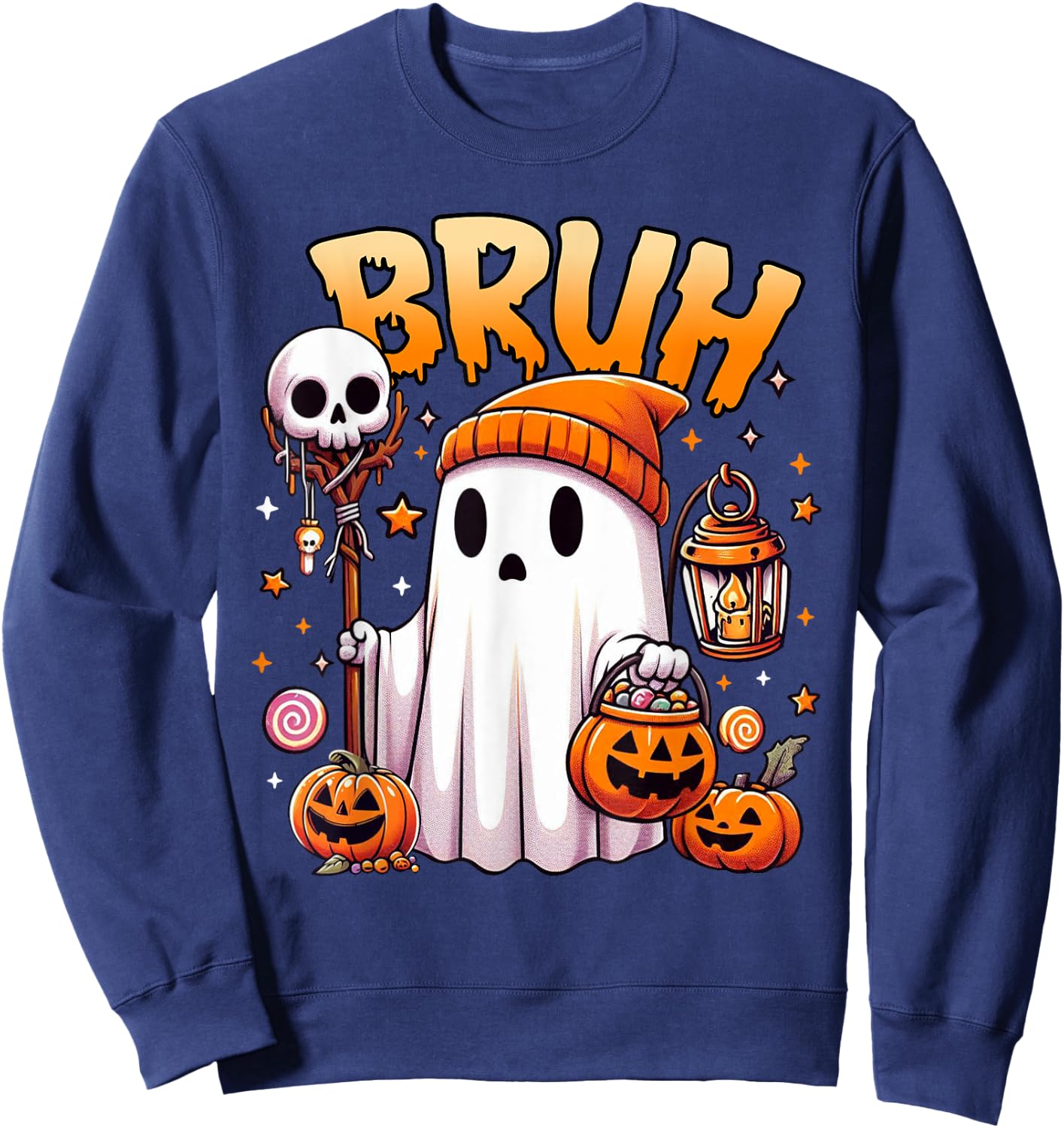 Bruh Ghost Halloween Cute Ghost Trick Or Treat Candy Kids Sweatshirt - Sweatshirt | Navy