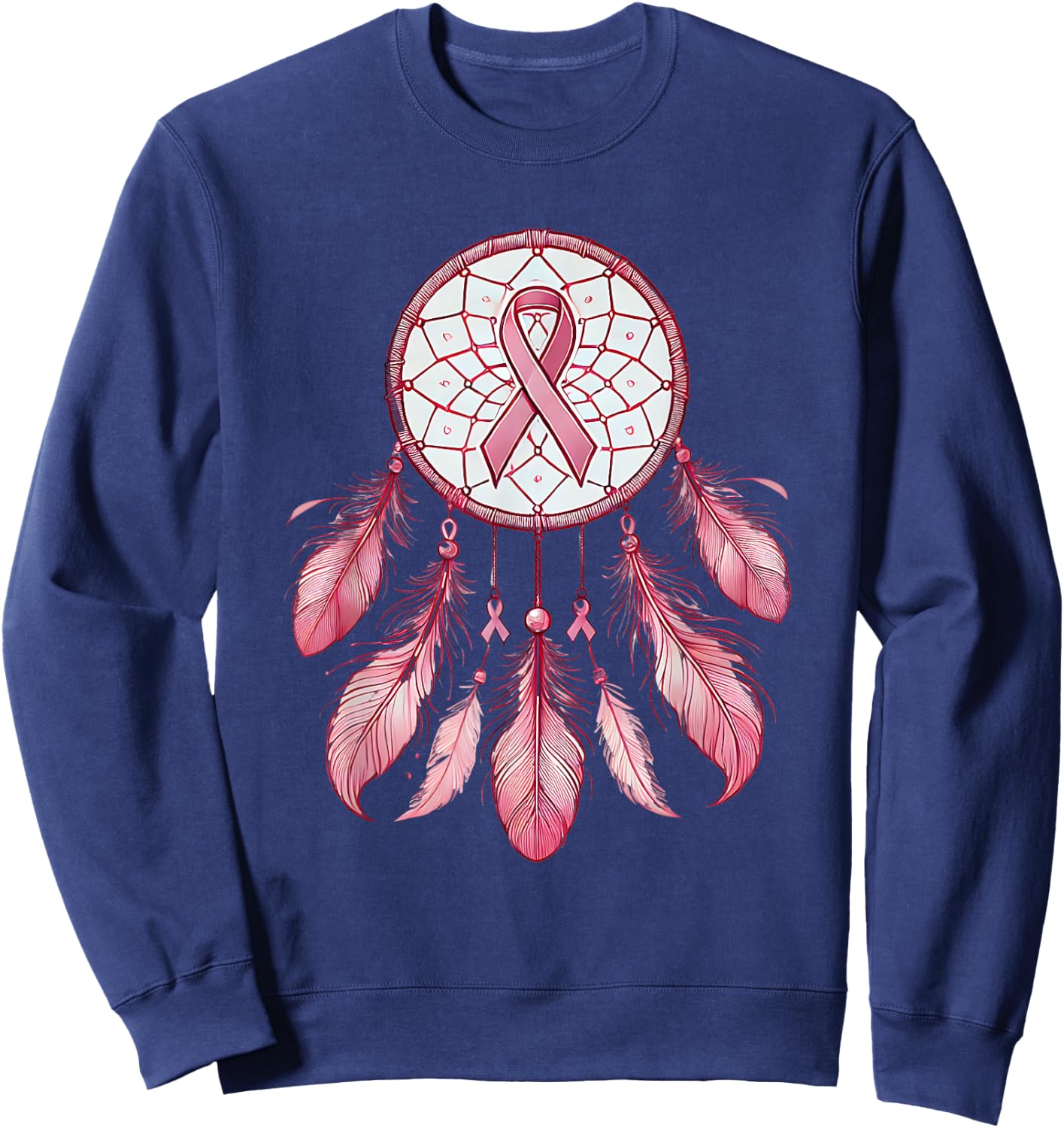 Pink Ribbon Native Indian DreamCatcher Art Breast Cancer Sweatshirt - Sweatshirt | Navy