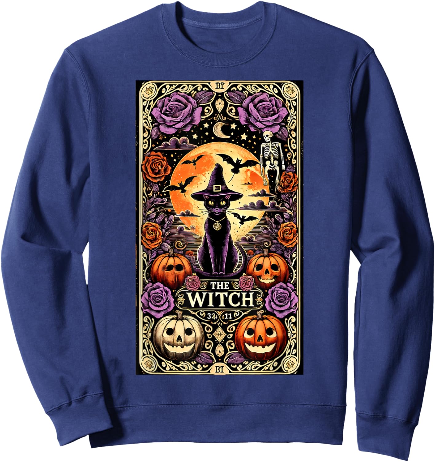 Vintage Gothic The Witch Black Cat Tarot Card Halloween 2024 Men Women Kids Sweatshirt - Sweatshirt | Navy