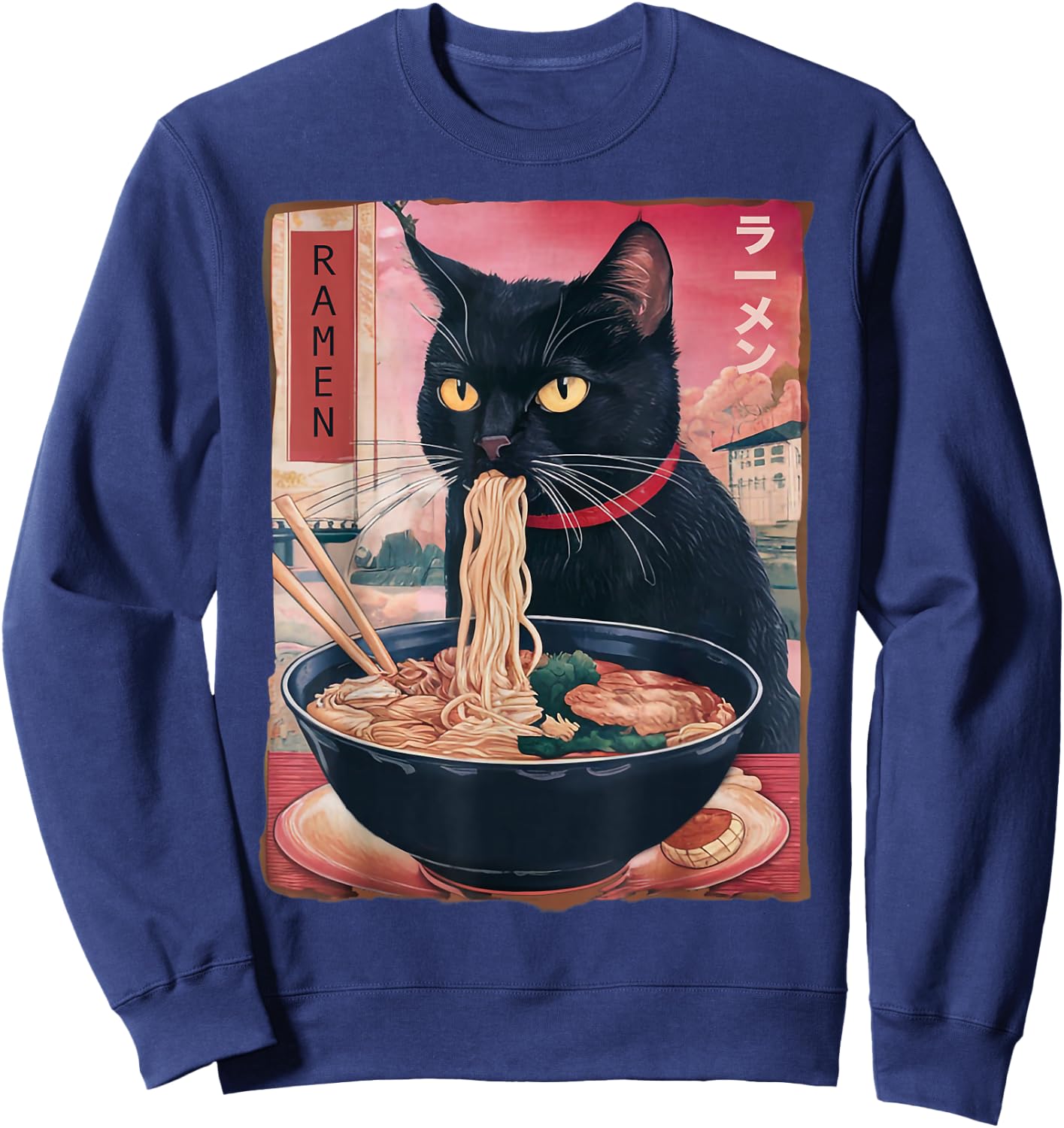 Cat Ramen Noodle Japanese Anime Kawaii Gifts Men Women Kids Sweatshirt - Sweatshirt | Navy