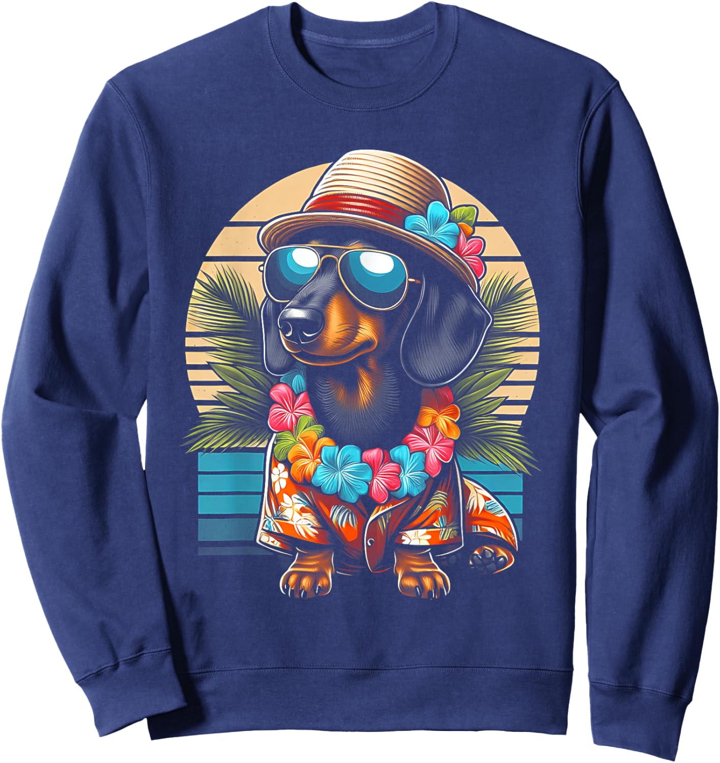 Retro Hawaiian Dachshund Dog Tropical Floral Summer Vibes Women Kids Sweatshirt - Sweatshirt | Navy