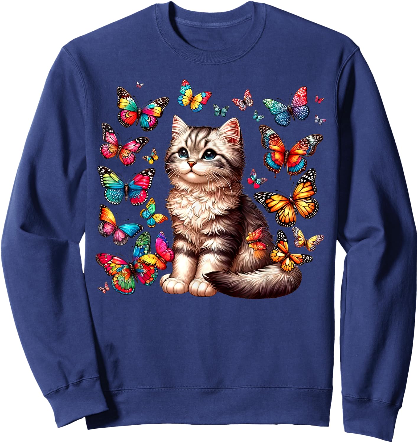 Cute Cat With Colorful Butterfly Art Pet Lover Kitten Women Girls Kids Sweatshirt - Sweatshirt | Navy