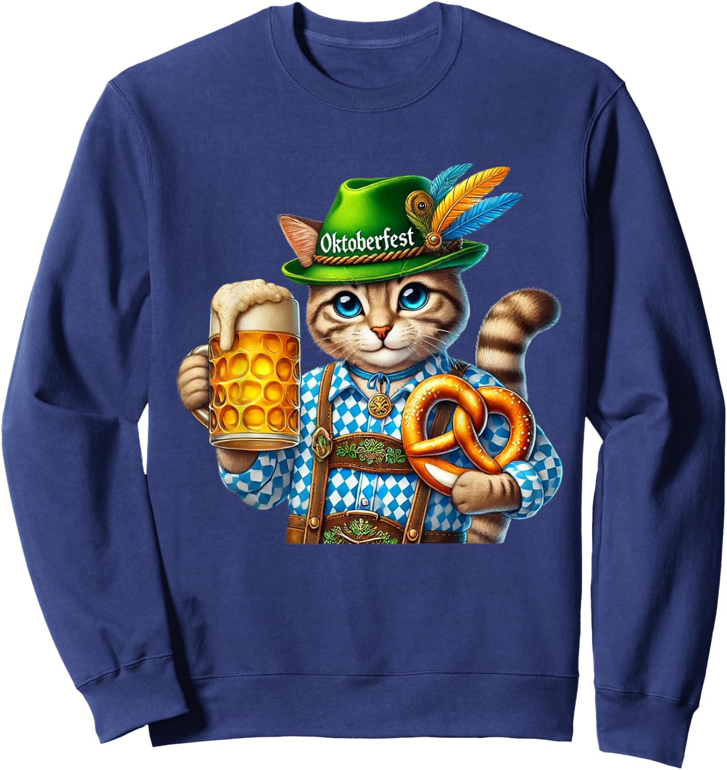 Oktoberfest Cat Beer Pretzel Costume Lederhosen Sweatshirt - Sweatshirt | Navy