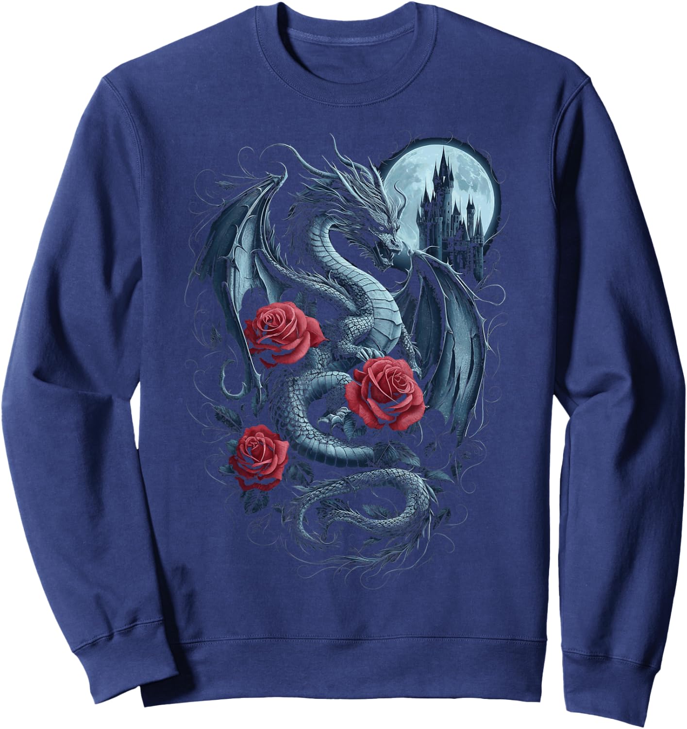 Dragon With Roses And Full Moon Dark Art Sweatshirt - Sweatshirt | Navy