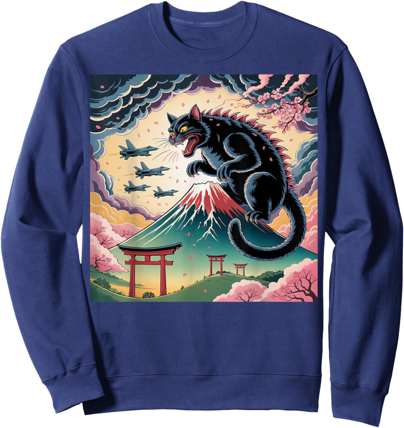 Catzilla Cat Japanese Art Kids Cat Lover Sweatshirt - Sweatshirt | Navy