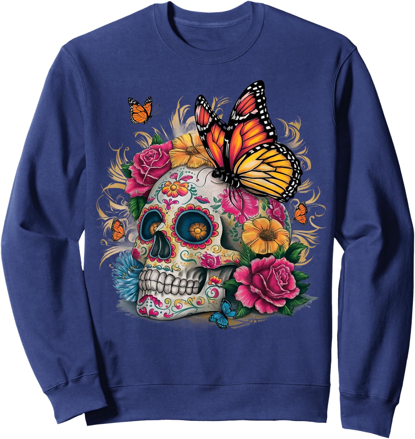 Sugar Skull Butterfly Day of Dead Halloween Dia De Muertos Sweatshirt - Sweatshirt | Navy