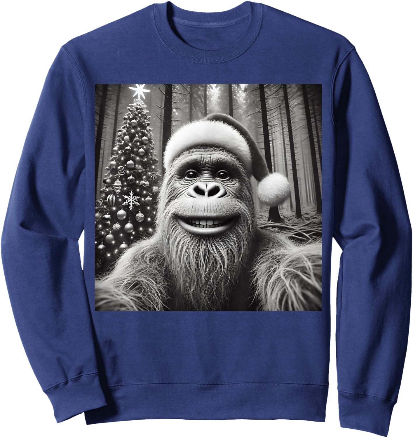 Funny Santa Bigfoot Selfie with Christmas Tree Men Women Sweatshirt - Sweatshirt | Navy