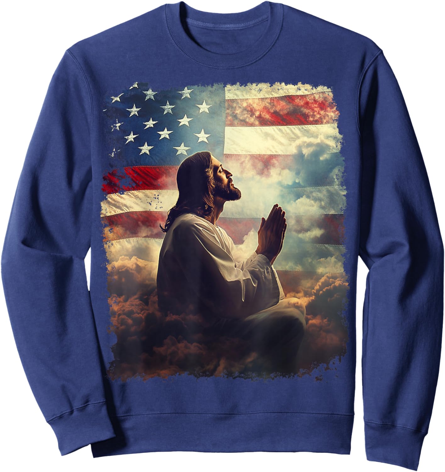 Jesus Christ Praying for America Flag Sweatshirt - Sweatshirt | Navy
