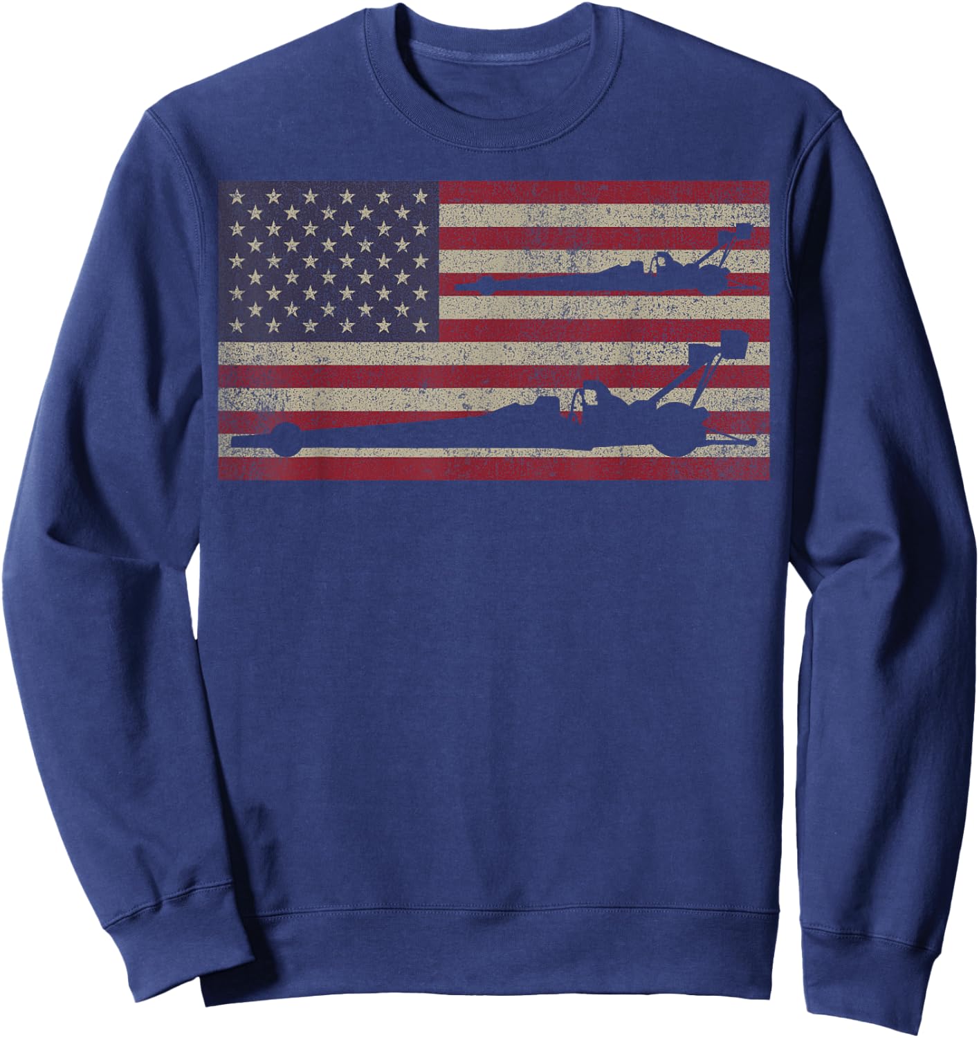 Drag Racing USA Flag by MalJ -Kids Black Patriotic American Flag Dragster Fan Sweatshirt - Sweatshirt | Navy