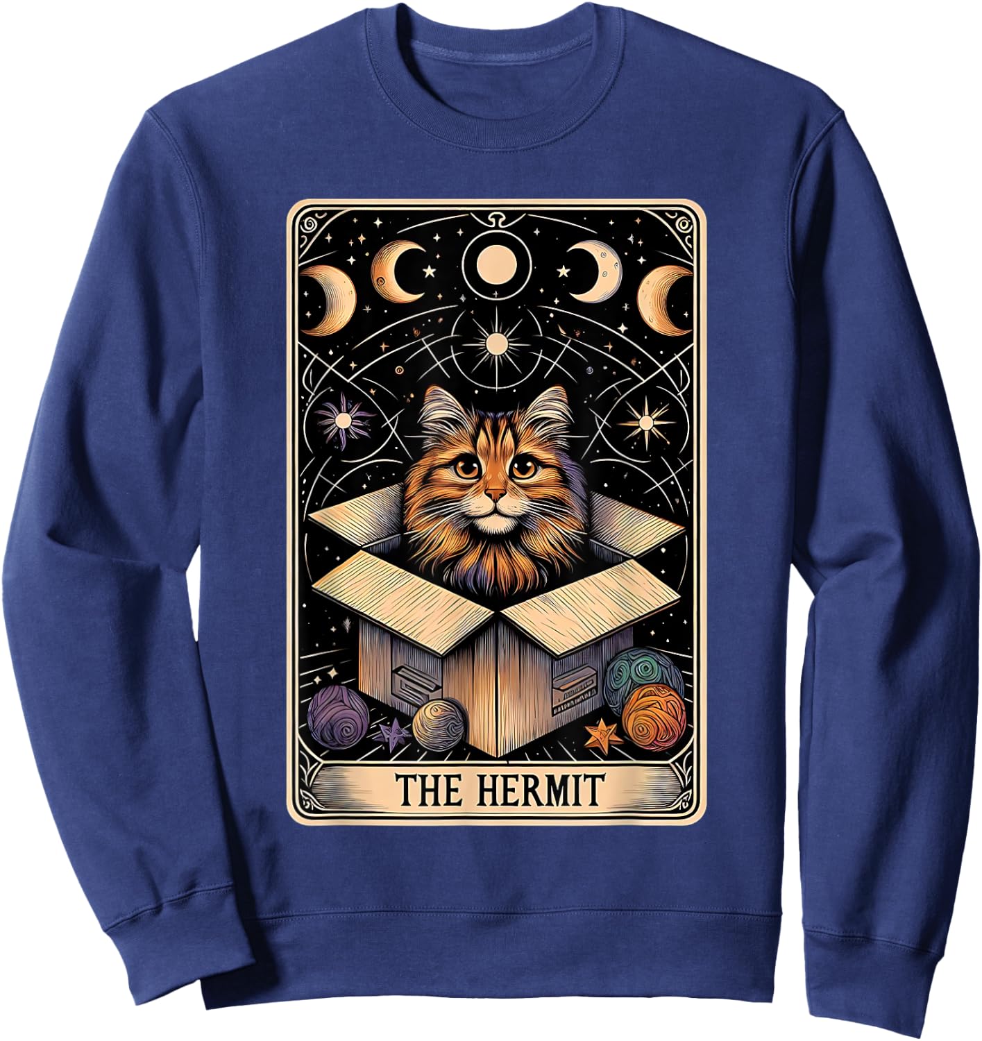 The Hermit Tarot Card Cat In a Box Mystic Funny Cat Sweatshirt - Sweatshirt | Navy