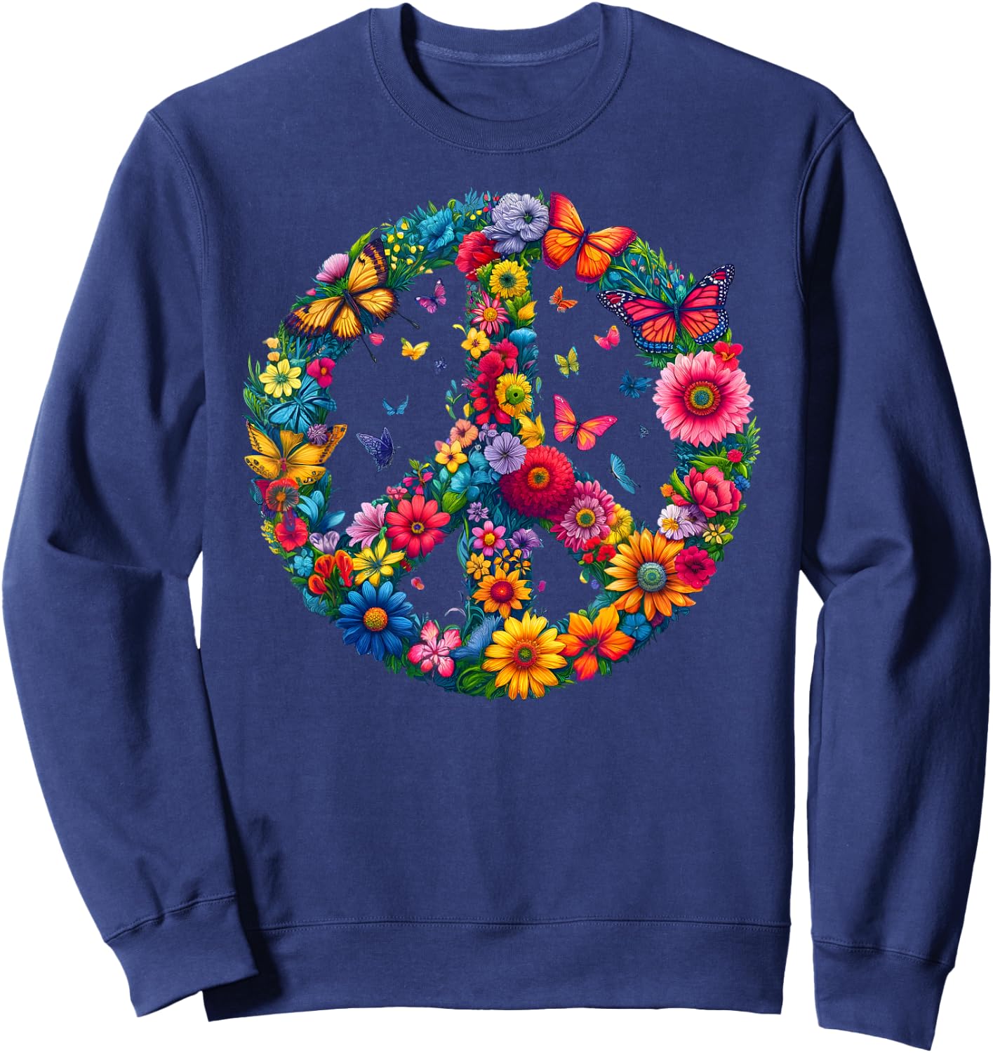 Floral Peace Sign Colorful Butterflies Harmony Love Nature Sweatshirt - Sweatshirt | Navy