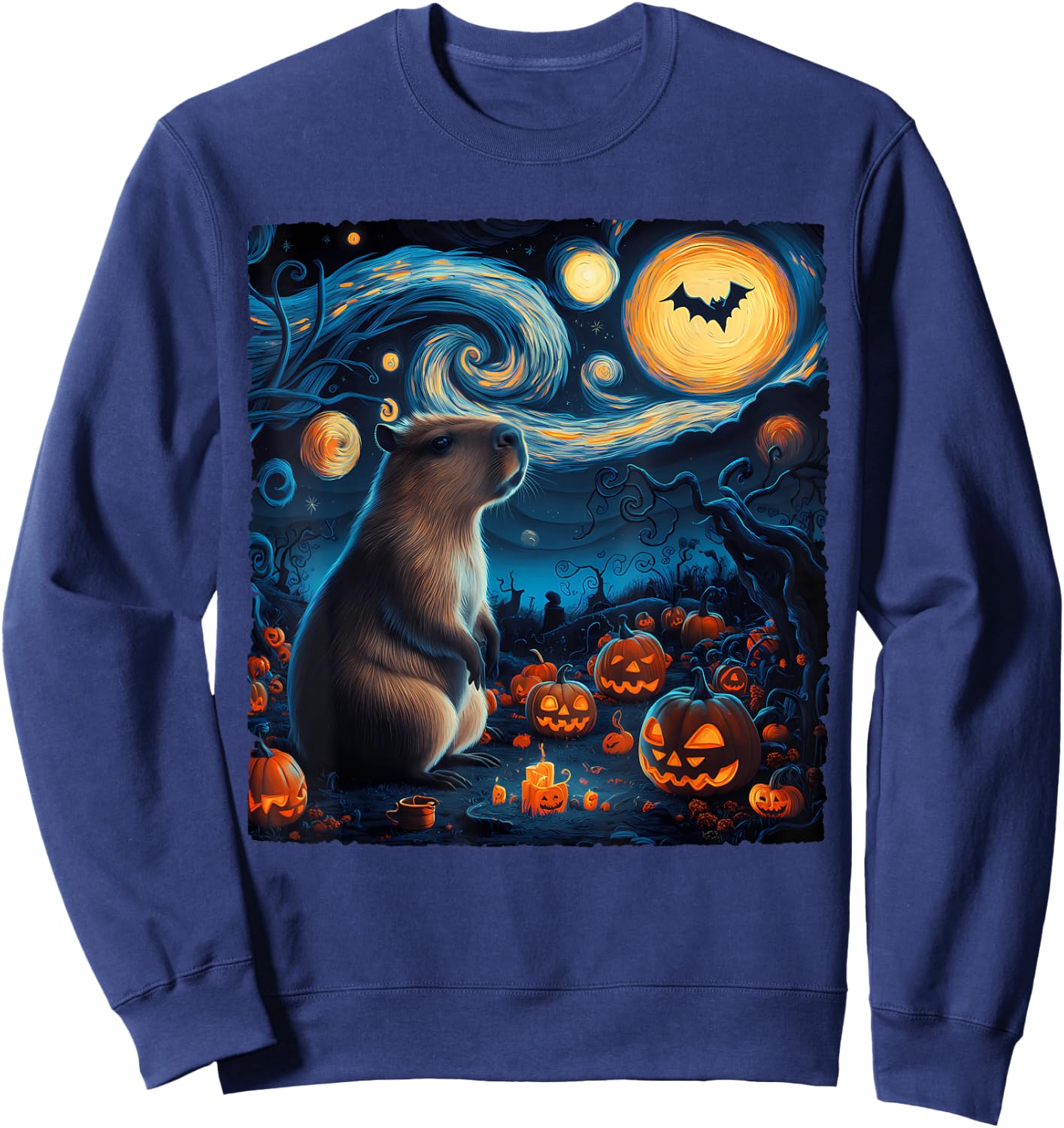 Halloween Van Gogh' Starry Night Capybara Pumpkins Bats Sweatshirt - Sweatshirt | Navy