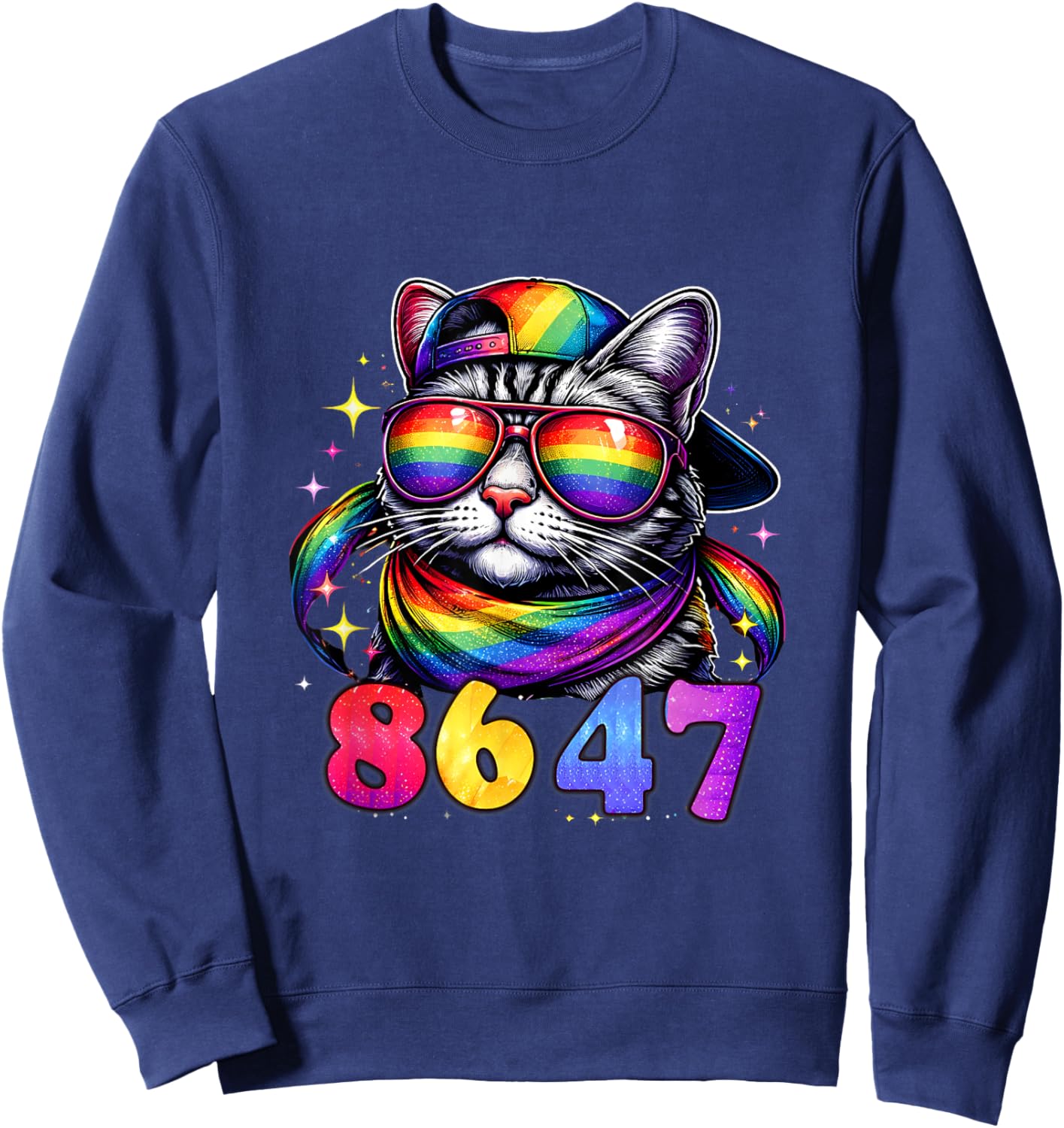 8647 Rainbow Cat Sunglasses Funny Pride Protest Graphic Sweatshirt - Sweatshirt | Navy