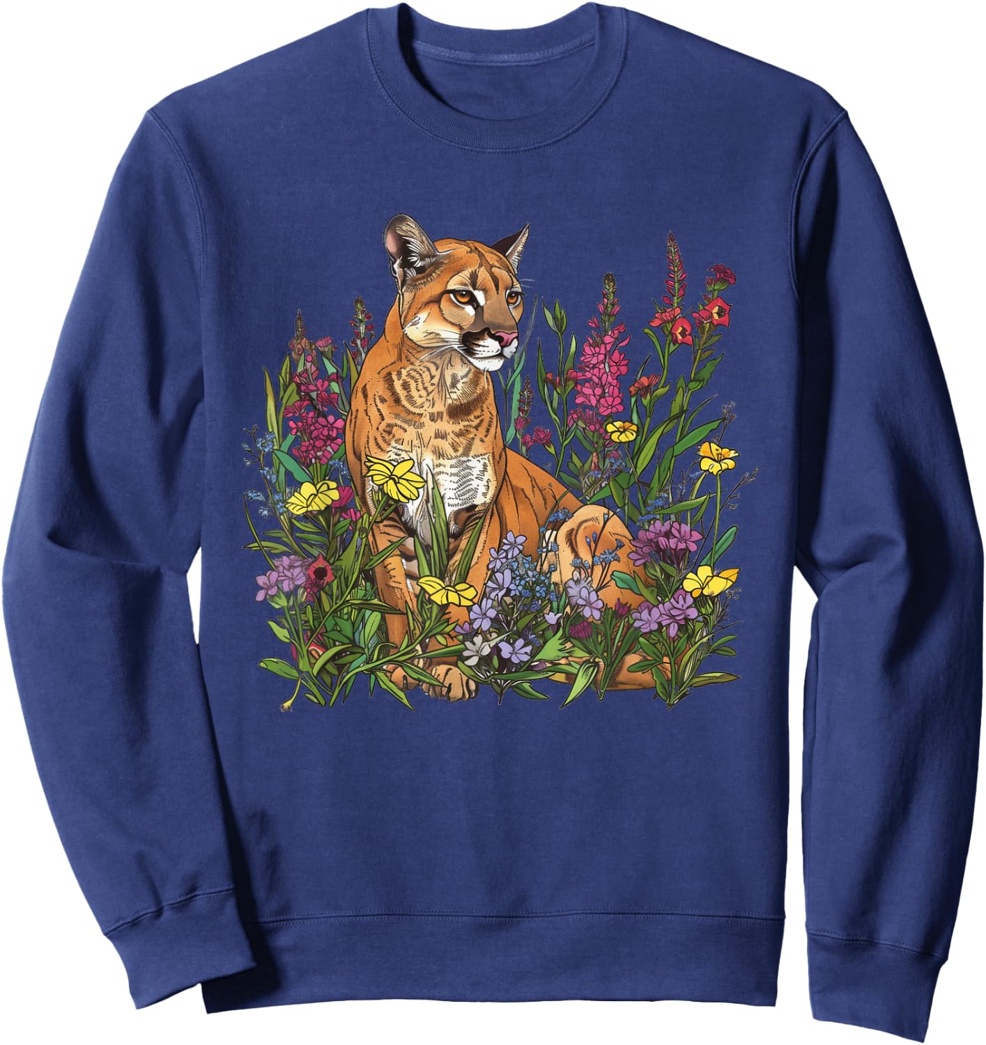 Mountain Lion Amidst Wildflowers Sweatshirt - Sweatshirt | Navy