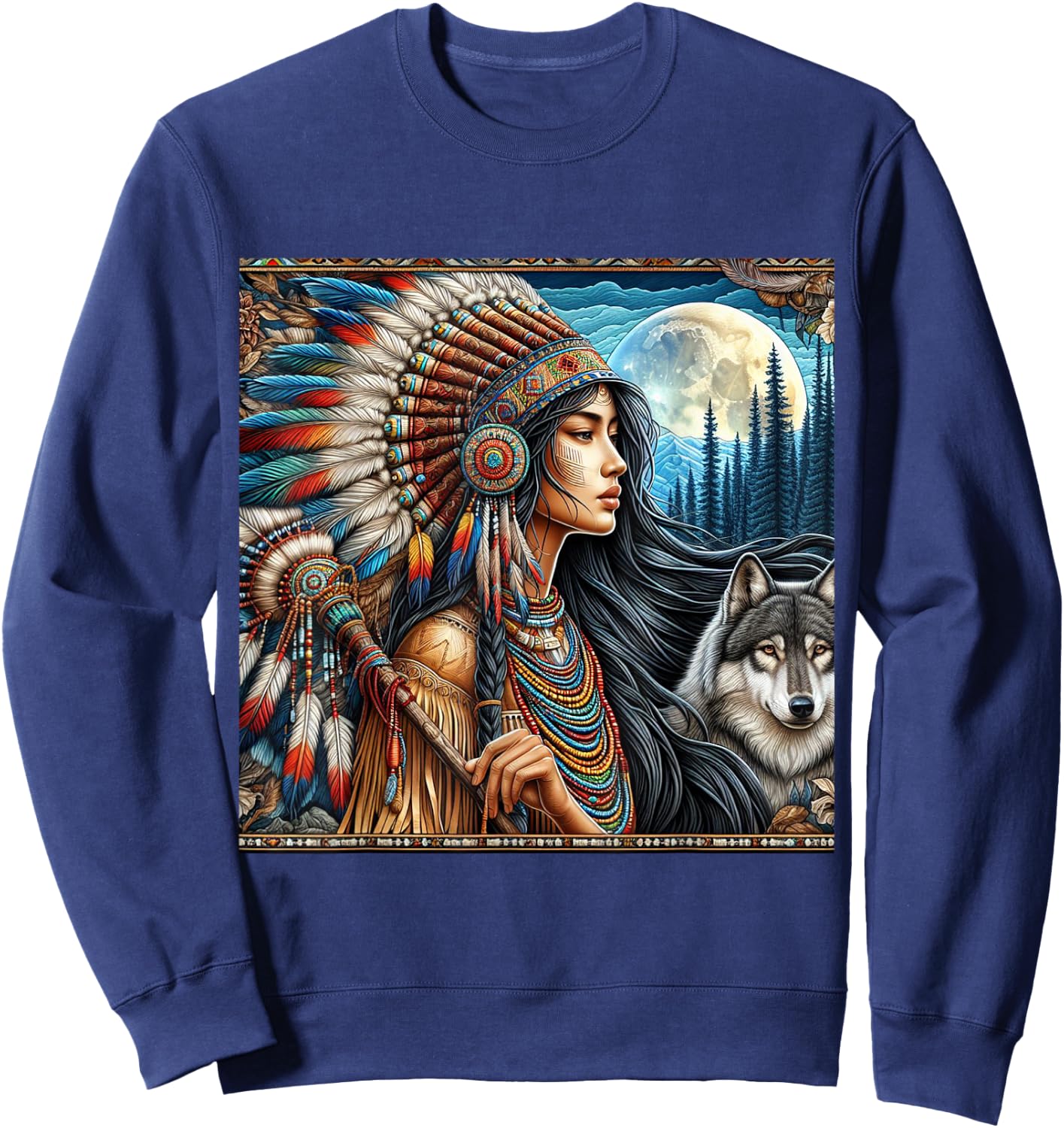 Indian Native American Woman with White Wolf Vintage Gifts Sweatshirt - Sweatshirt | Navy