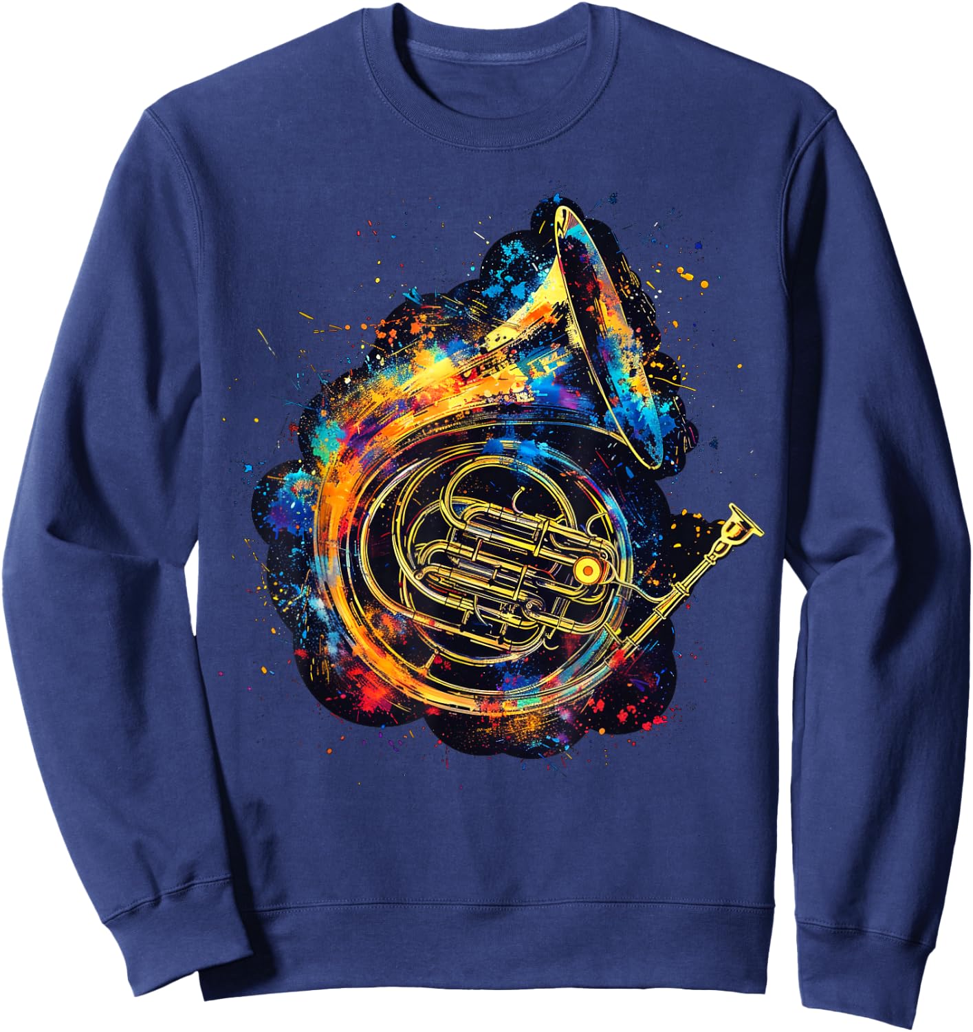 French Horn Instrument on Colorful Painted French Horn Sweatshirt - Sweatshirt | Navy
