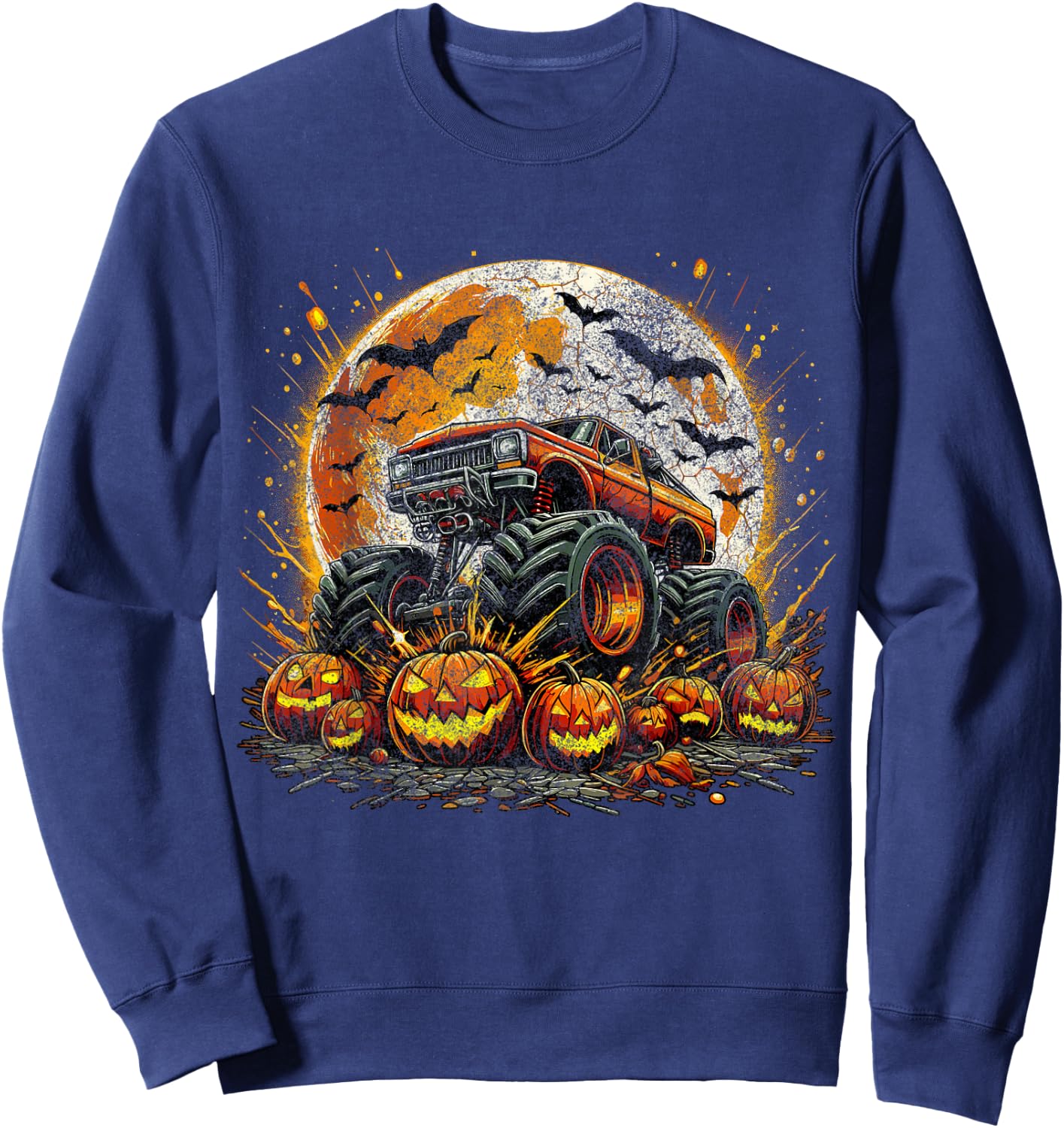 Monster Truck Pumpkin Halloween Jack O Lantern Moon Sweatshirt - Sweatshirt | Navy
