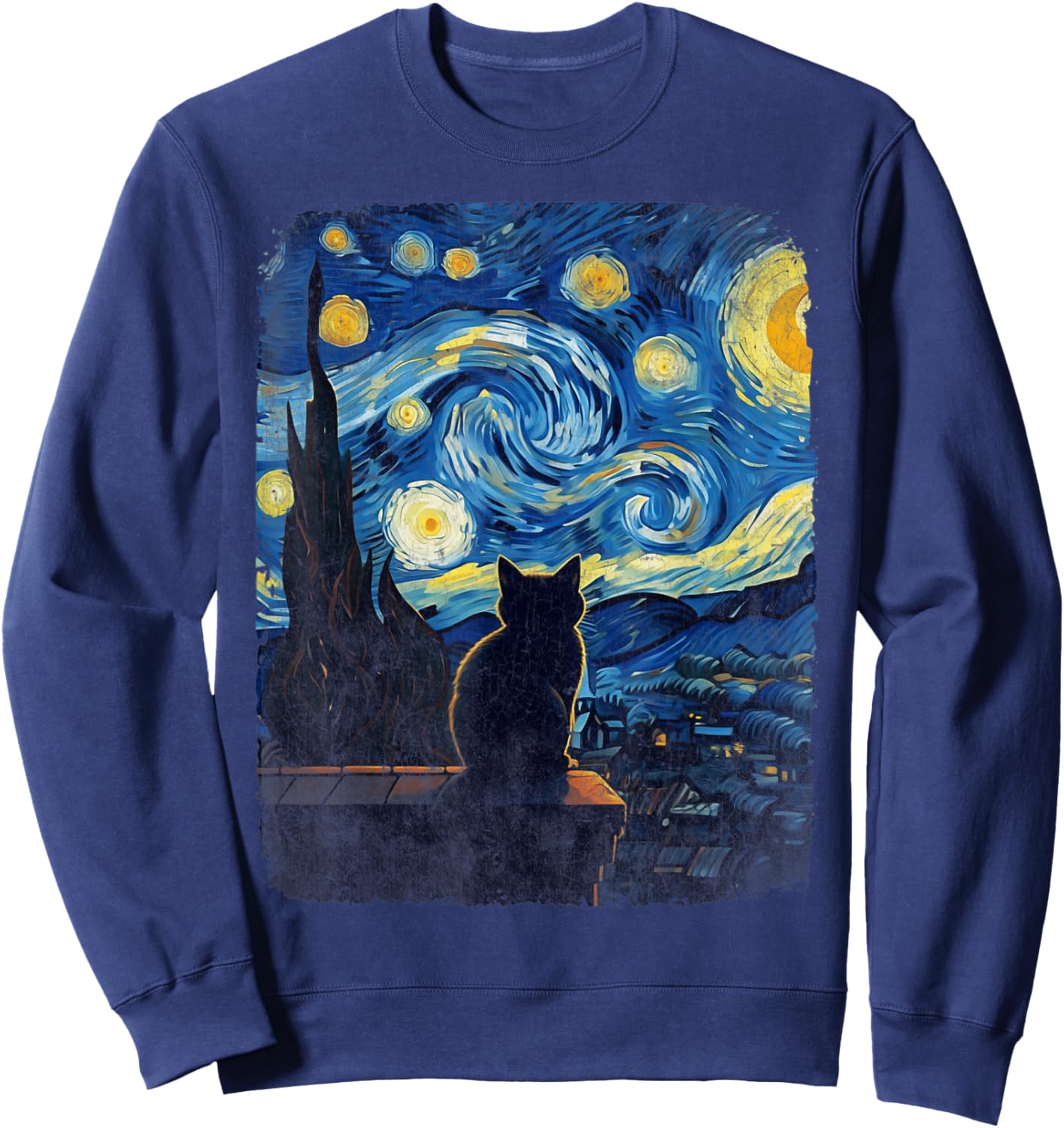 Cat Gifts for Cat Mom Dad Starry Night Van Gogh Cat Sweatshirt - Sweatshirt | Navy
