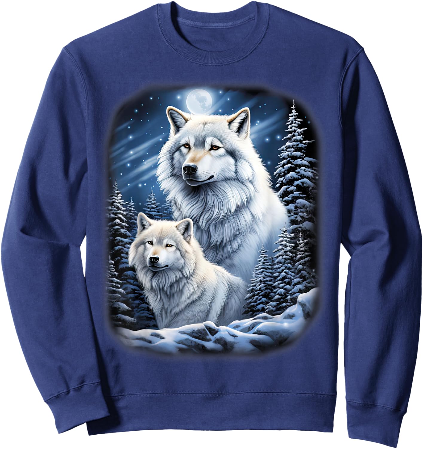 Wolves on an icy hill in the mountains with shiny moon Sweatshirt - Sweatshirt | Navy