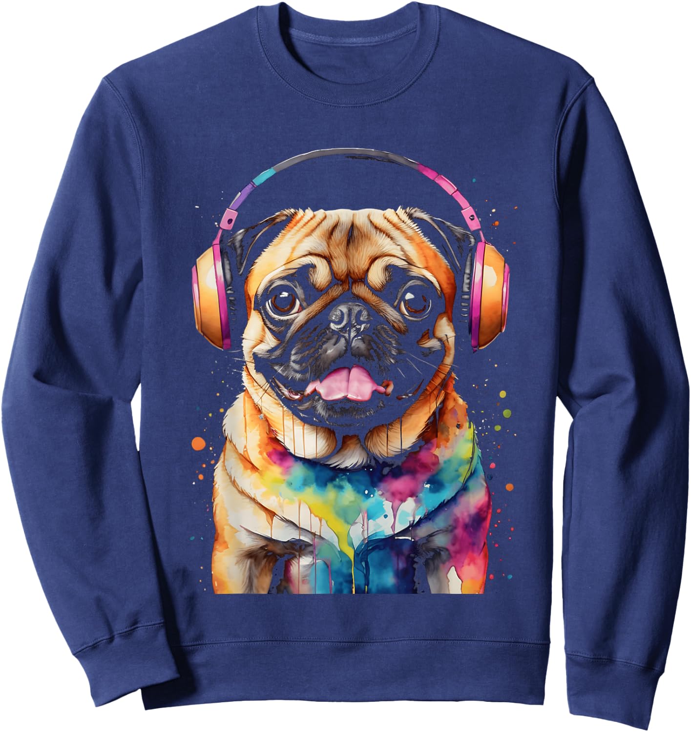 Pug Headphones Dog Colorful Funny Animal Art Print Graphic Men Women Kids Sweatshirt - Sweatshirt | Navy