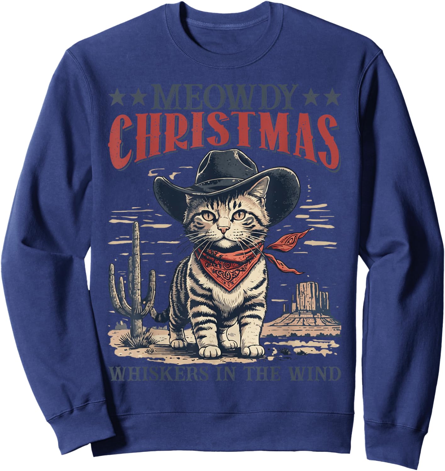 Meowdy Partner Cowboy Cat Christmas Vintage Cowboy Cat Santa Sweatshirt - Sweatshirt | Navy